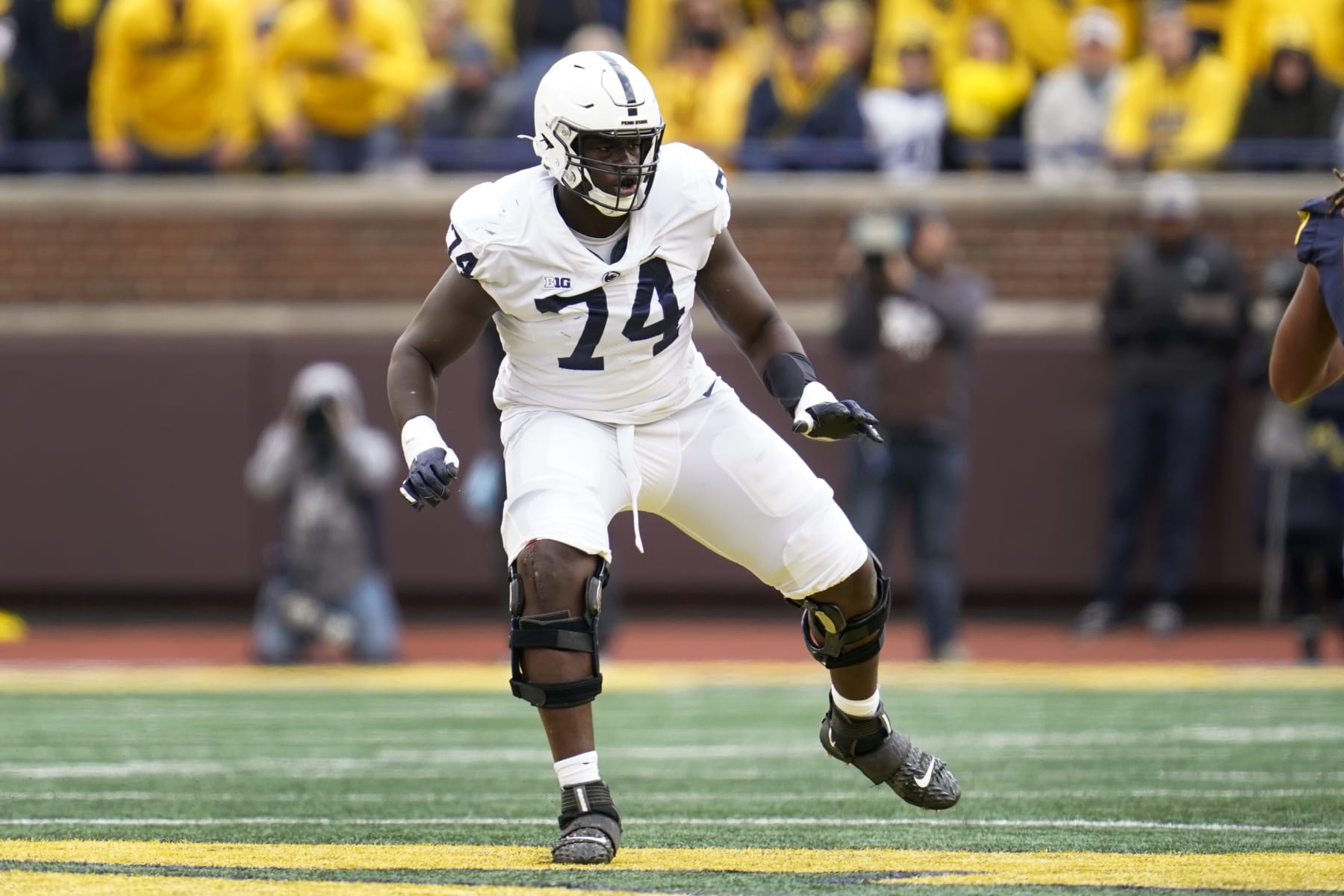 Penn State offensive lineman Olumuyiwa Fashanu (74) plays against the Michigan in the second half of an NCAA college football game in Ann Arbor, Mich., Saturday, Oct. 15, 2022. (AP Photo/Paul Sancya)