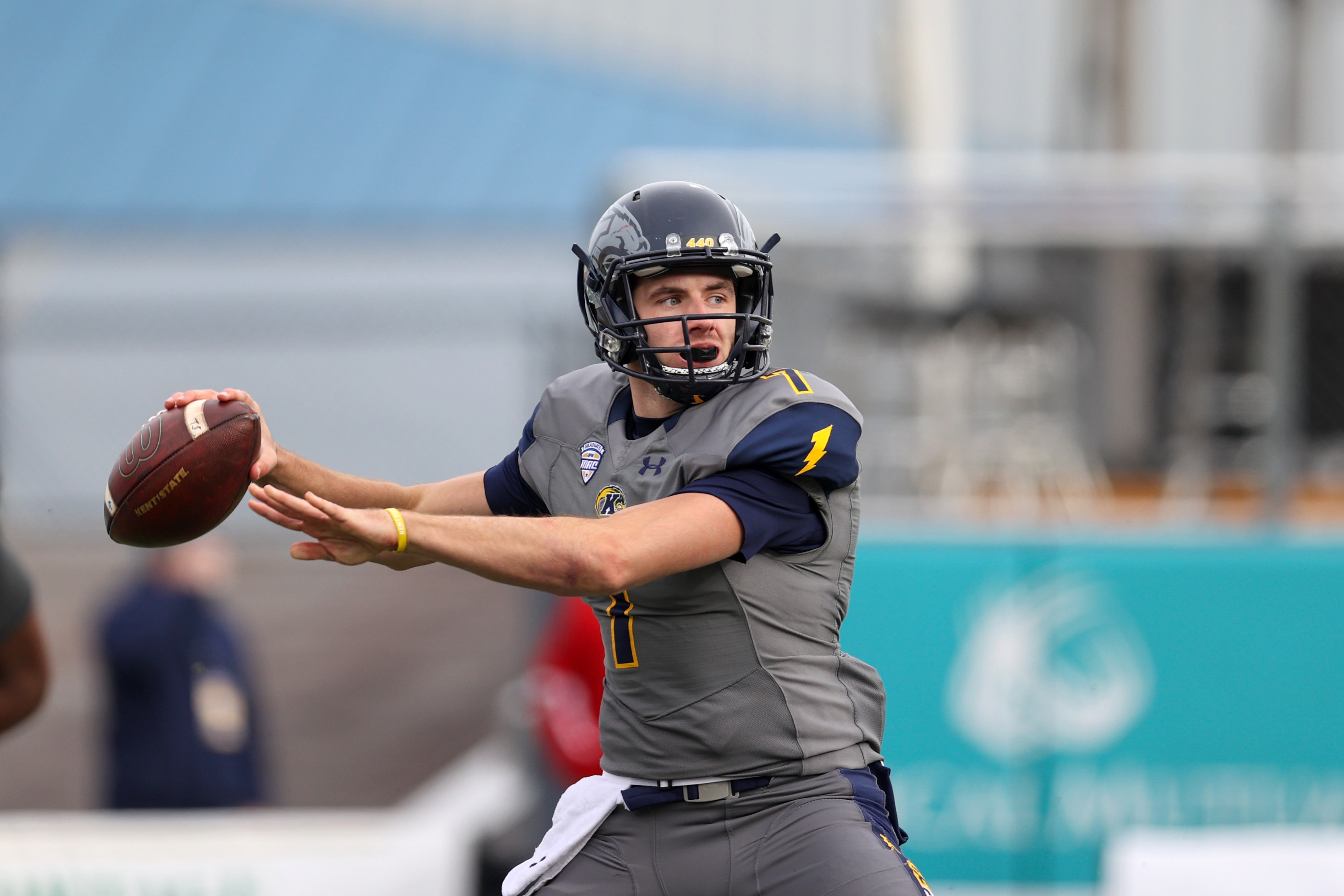 KENT, OH - NOVEMBER 27: Kent State Golden Flashes quarterback Dustin Crum (7) throws a pass during the third quarter of the college football game between the Miami RedHawks and Kent State Golden Flashes on November 27, 2021, at Dix Stadium in Kent, OH. (Photo by Frank Jansky/Icon Sportswire via Getty Images)