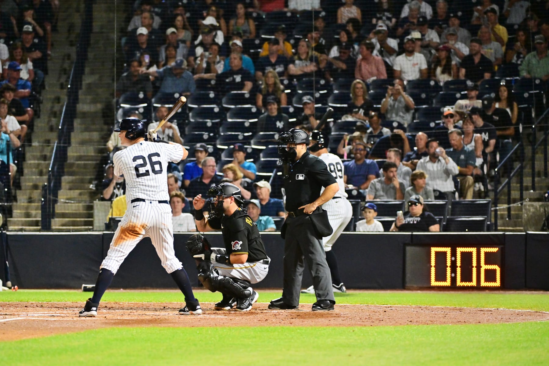 TAMPA, FLORIDA - MARCH 06: DJ LeMahieu #26 of the New York Yankees stands in the batters box with six seconds remaining on the pitch clock during a Grapefruit League Spring Training game against the Pittsburgh Pirates at George M. Steinbrenner Field on March 06, 2023 in Tampa, Florida. (Photo by Julio Aguilar/Getty Images)