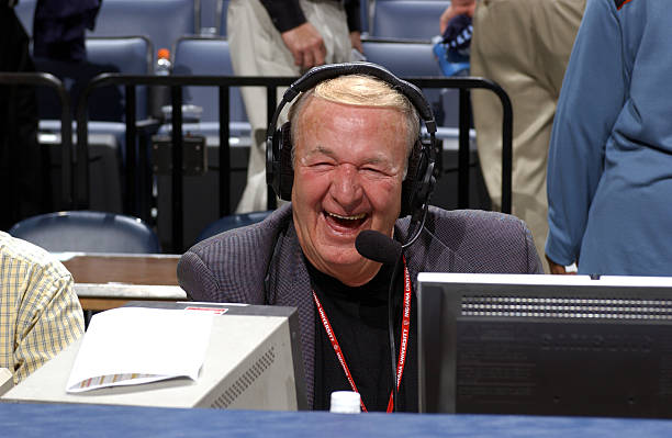 MEMPHIS, TN - JANUARY 11:  Bob "Slick" Leonard, announcer for the Indiana Pacers, has a laugh as he broadcasts during a game against the Memphis Grizzlies on January 11, 2005 at FedexForum in Memphis, Tennessee.  NOTE TO USER: User expressly acknowledges and agrees that, by downloading and or using this photograph, User is consenting to the terms and conditions of the Getty Images License Agreement. Mandatory Copyright Notice: Copyright 2005 NBAE  (Photo by Joe Murphy/NBAE via Getty Images)