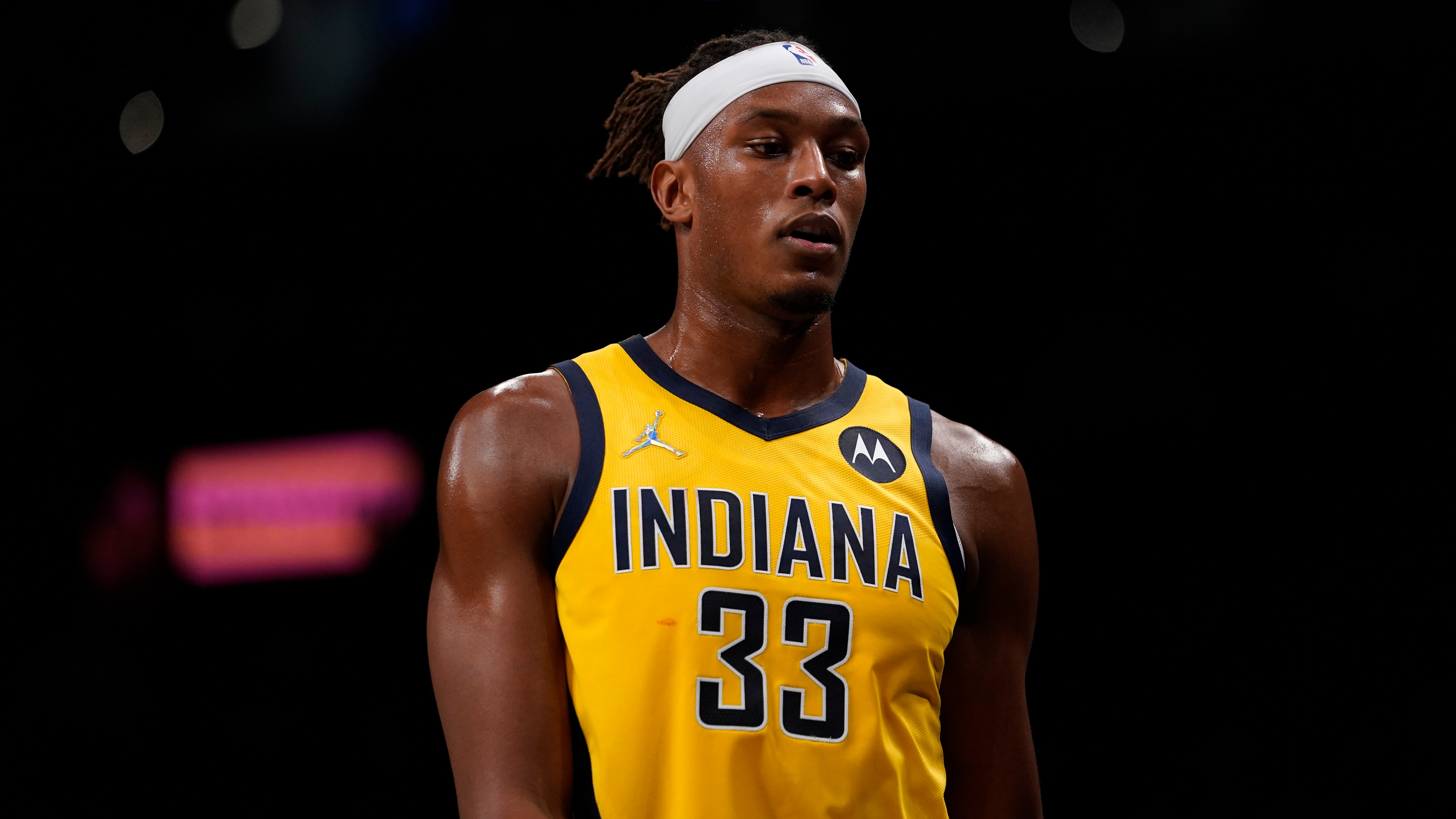 Indiana Pacers center Myles Turner during the first half of an NBA basketball game against the Brooklyn Nets, Friday, Oct. 29, 2021, in New York. (AP Photo/Mary Altaffer)