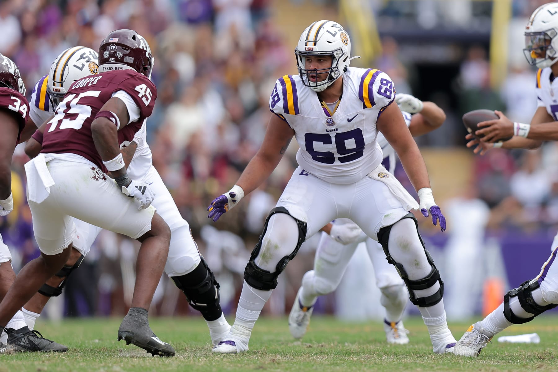 BATON ROUGE, LOUISIANA - NOVEMBER 25: Charles Turner III #69 of the LSU Tigers in action against the Texas A&M Aggies during a game at Tiger Stadium on November 25, 2023 in Baton Rouge, Louisiana. (Photo by Jonathan Bachman/Getty Images)