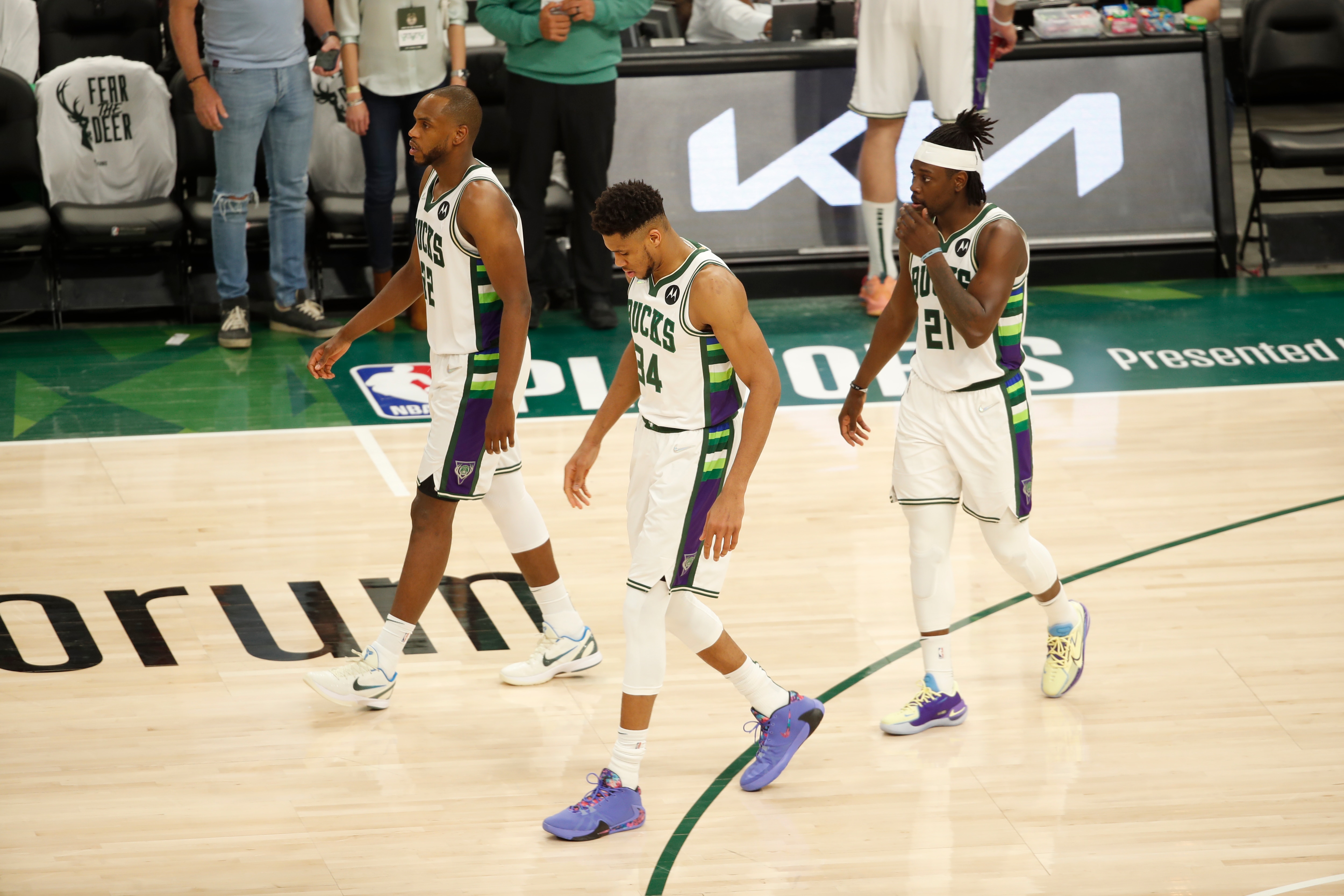 MILWAUKEE, WI - APRIL 20: Khris Middleton #22, Giannis Antetokounmpo #34, and Jrue Holiday #21 of the Milwaukee Bucks walk on to the court during the game against the Chicago Bulls during Round 1 Game 2 of the 2022 NBA Playoffs on April 20, 2022 at Fiserv Forum in Milwaukee, Wisconsin. NOTE TO USER: User expressly acknowledges and agrees that, by downloading and or using this photograph, User is consenting to the terms and conditions of the Getty Images License Agreement. Mandatory Copyright Notice: Copyright 2022 NBAE (Photo by Jeff Haynes/NBAE via Getty Images)