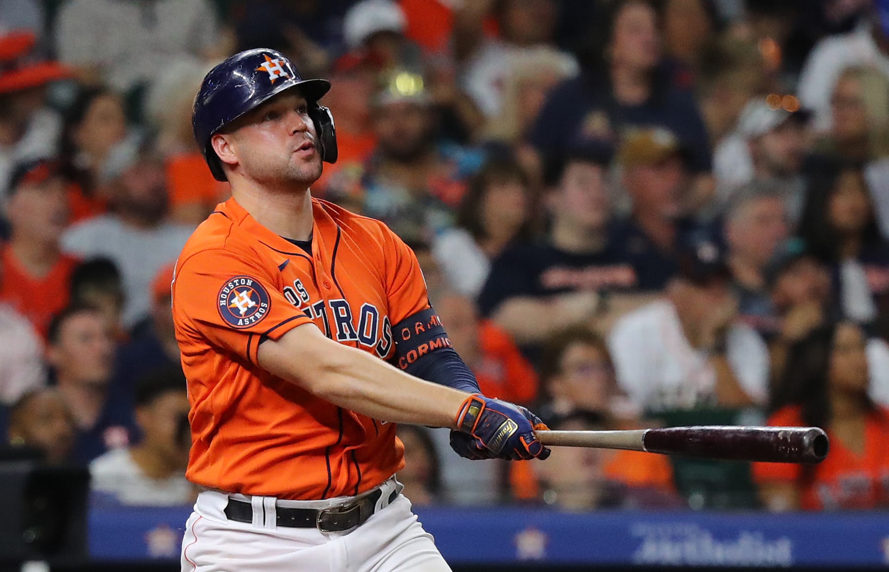 HOUSTON, TEXAS - SEPTEMBER 22: Chas McCormick #20 of the Houston Astros hits a three run home run in the eighth inning against the Kansas City Royals at Minute Maid Park on September 22, 2023 in Houston, Texas. (Photo by Bob Levey/Getty Images)