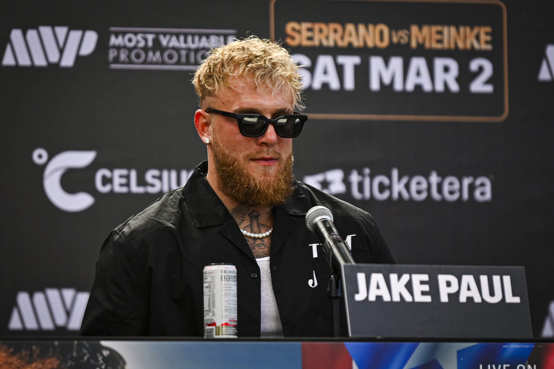 SAN JUAN, PUERTO RICO - JANUARY 18: Jake Paul Speaks at the T-Mobile District During the press conference for the fight schedule on March 2 at the Puerto Rico Coliseum where the main fight will be Amanda Serrano VS Nina Meinke. Jake Paul will be the co-main event fight in San Juan , Puerto Rico on January 18,2024. (Photo by Miguel J. Rodríguez Carrillo /VIEWpress)