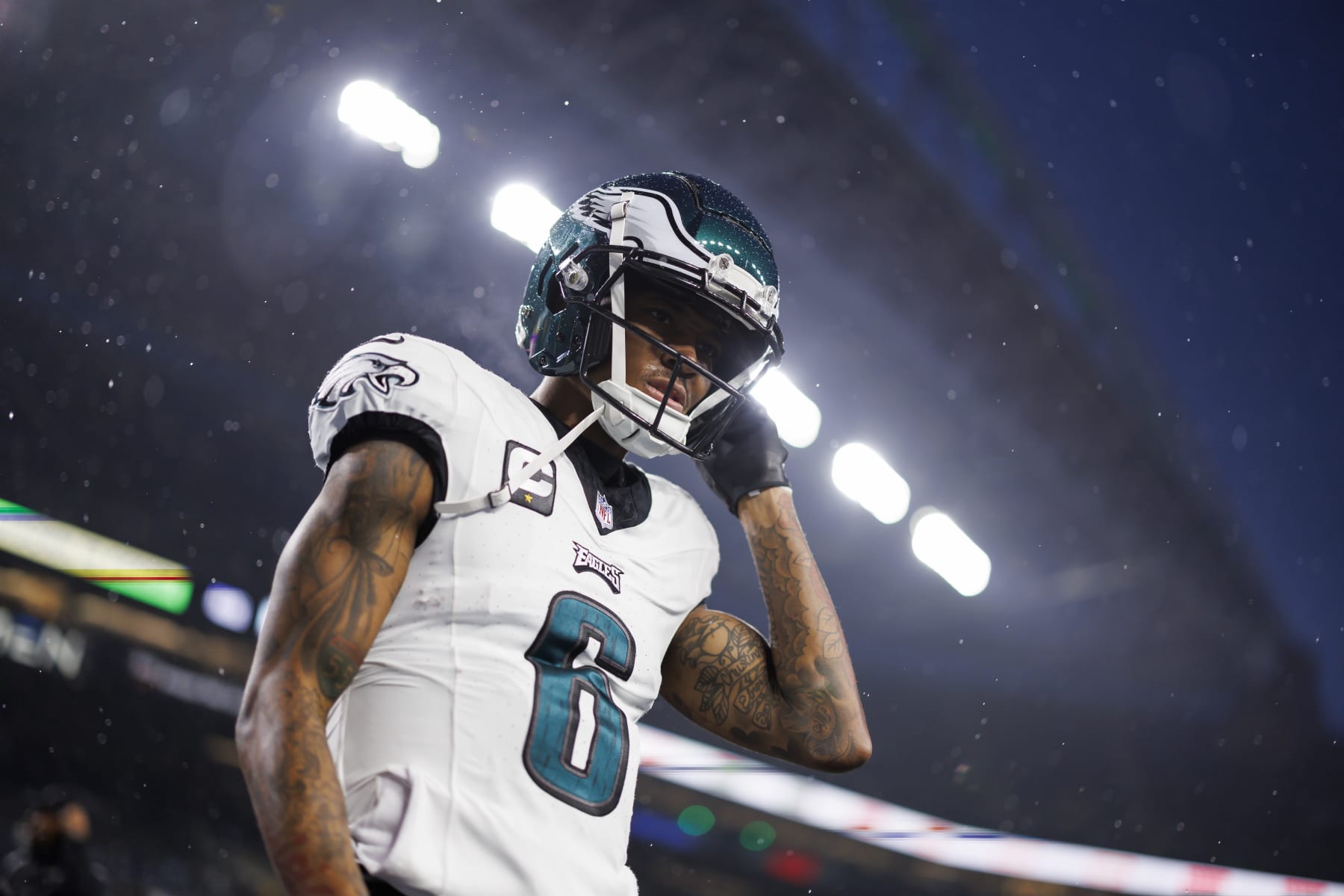 SEATTLE, WASHINGTON - DECEMBER 18: DeVonta Smith #6 of the Philadelphia Eagles looks on during pregame warmups before an NFL football game against the Seattle Seahawks at Lumen Field on December 18, 2023 in Seattle, Washington. (Photo by Ryan Kang/Getty Images)