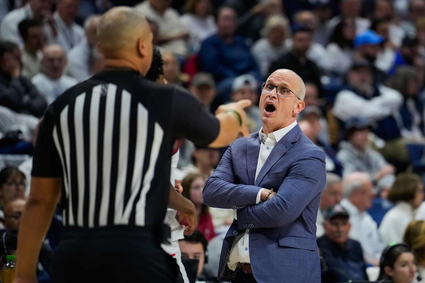 STORRS, CONNECTICUT - JANUARY 18: Connecticut Huskies head coach Dan Hurley talks to officials during the first half of an NCAA basketball game against the Creighton Bluejays at the Harry A. Gampel Pavilion on January 18, 2025 in Storrs, Connecticut. (Photo by Joe Buglewicz/Getty Images)