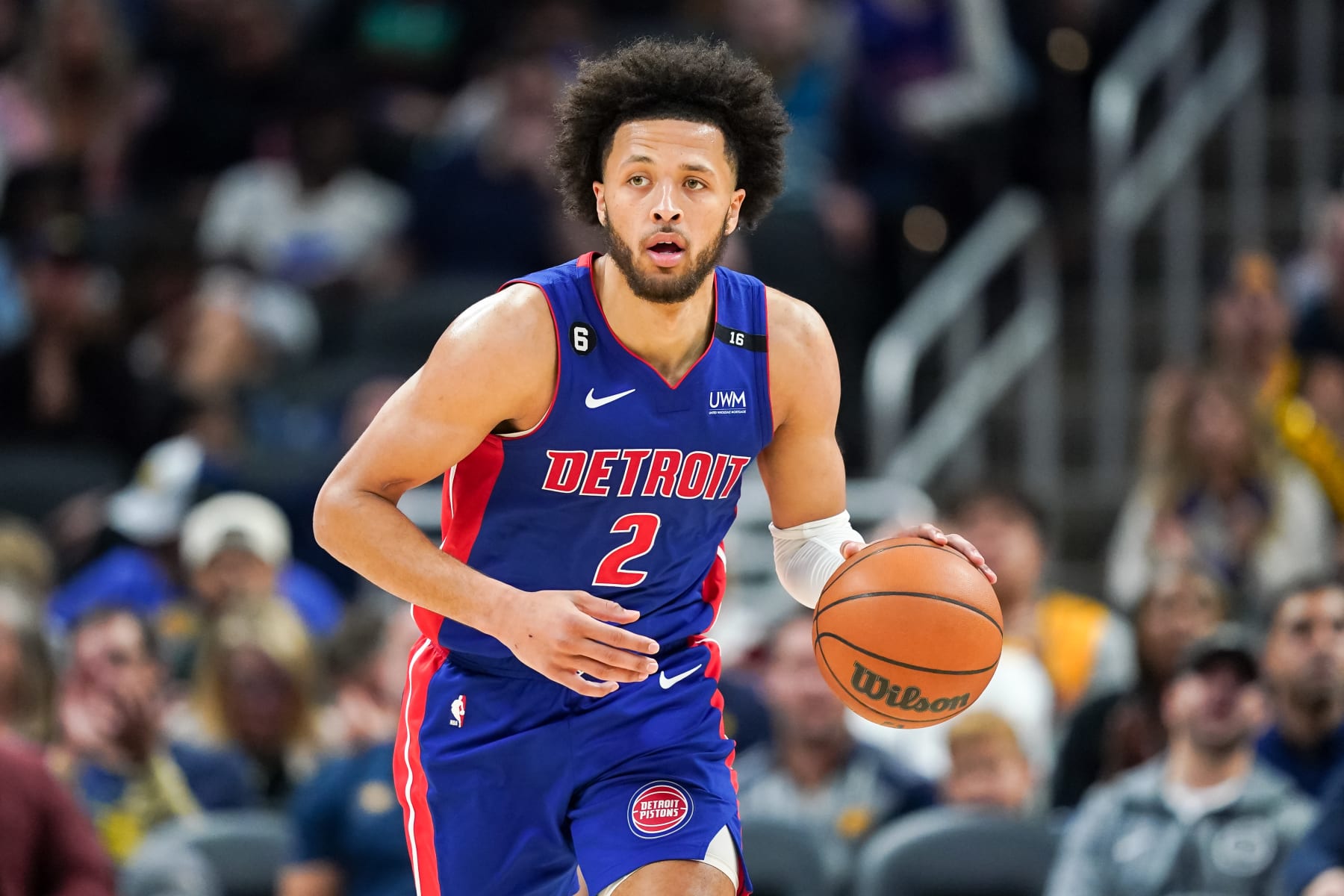 INDIANAPOLIS, INDIANA - OCTOBER 22: Cade Cunningham #2 of the Detroit Pistons dribbles the ball in the fourth quarter against the Indiana Pacers at Gainbridge Fieldhouse on October 22, 2022 in Indianapolis, Indiana. NOTE TO USER: User expressly acknowledges and agrees that, by downloading and or using this photograph, User is consenting to the terms and conditions of the Getty Images License Agreement. (Photo by Dylan Buell/Getty Images)