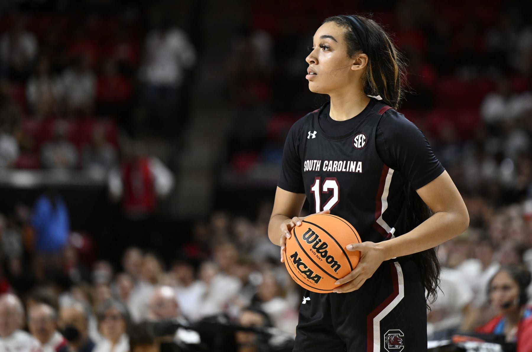 COLLEGE PARK, MARYLAND - NOVEMBER 11: Brea Beal #12 of the South Carolina Gamecocks handles the ball against the Maryland Terrapins at Xfinity Center on November 11, 2022 in College Park, Maryland. (Photo by G Fiume/Getty Images)