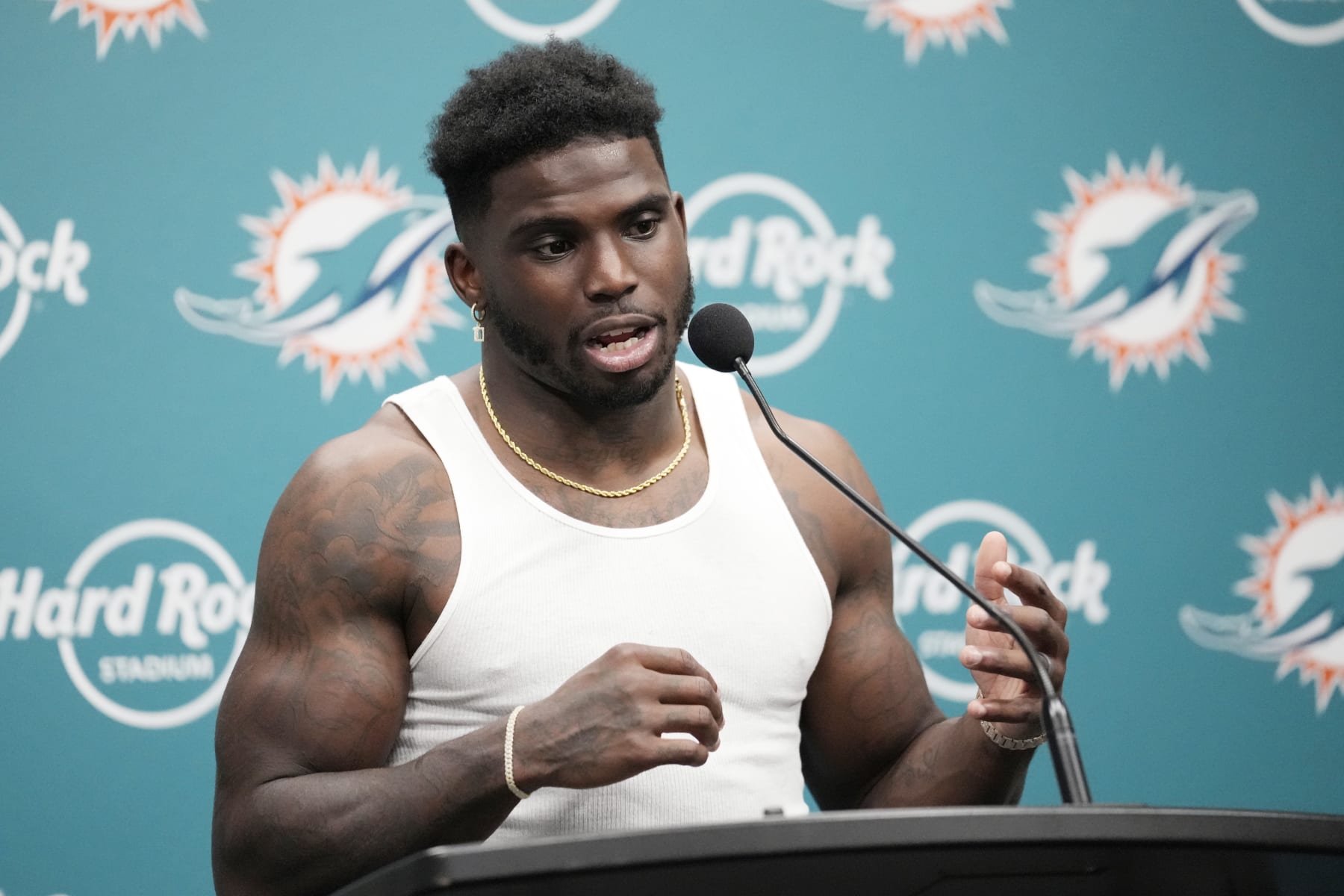 Miami Dolphins wide receiver Tyreek Hill speaks during a news conference following an NFL football game, Tuesday, Dec. 12, 2023, in Miami. The Titans defeated the Dolphins 28-27. (AP Photo/Rebecca Blackwell)