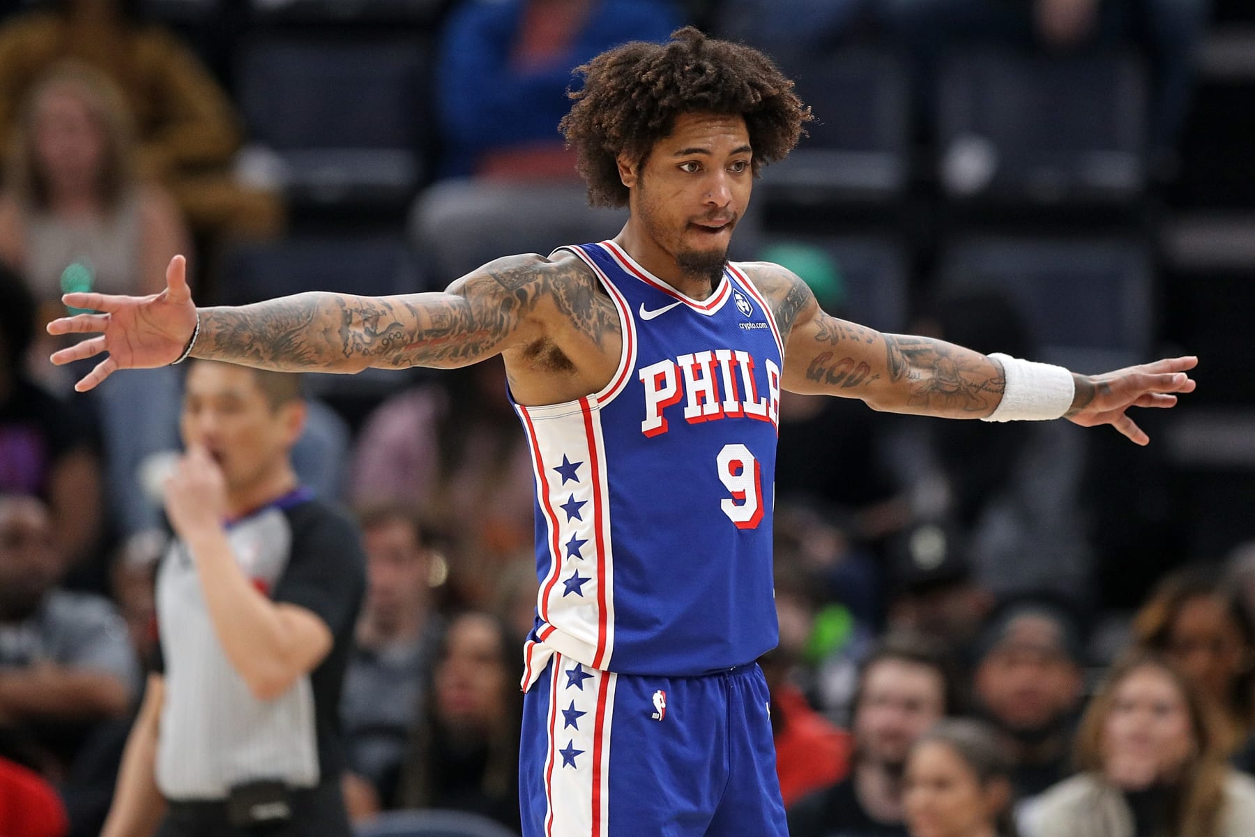 MEMPHIS, TENNESSEE - APRIL 06: Kelly Oubre Jr. #9 of the Philadelphia 76ers looks on during the game against the Memphis Grizzlies at FedExForum on April 06, 2024 in Memphis, Tennessee. NOTE TO USER: User expressly acknowledges and agrees that, by downloading and or using this photograph, User is consenting to the terms and conditions of the Getty Images License Agreement. (Photo by Justin Ford/Getty Images)