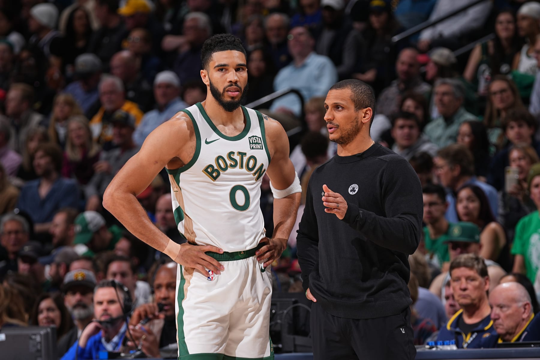 DENVER, CO - MARCH 7: Jayson Tatum #0 talks to Head Coach Joe Mazzulla of the Boston Celtics during the game against the Denver Nuggets on March 7, 2024 at the Ball Arena in Denver, Colorado. NOTE TO USER: User expressly acknowledges and agrees that, by downloading and/or using this Photograph, user is consenting to the terms and conditions of the Getty Images License Agreement. Mandatory Copyright Notice: Copyright 2024 NBAE (Photo by Bart Young/NBAE via Getty Images)