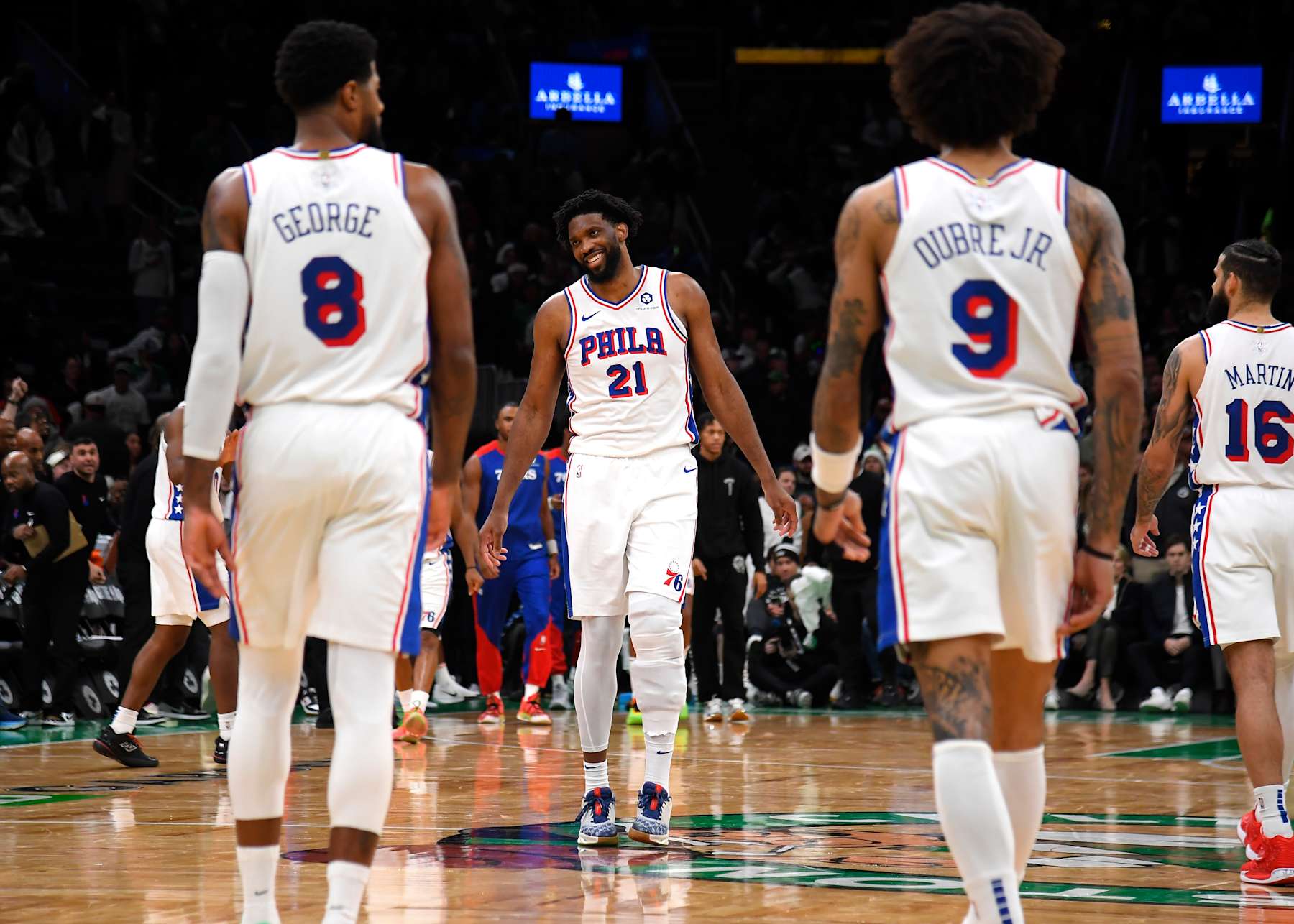 BOSTON, MA - DECEMBER 25: Joel Embiid #21 of the Philadelphia 76ers smiles during the game against the Boston Celtics on December 25, 2024 at the TD Garden in Boston, Massachusetts. NOTE TO USER: User expressly acknowledges and agrees that, by downloading and or using this photograph, User is consenting to the terms and conditions of the Getty Images License Agreement. Mandatory Copyright Notice: Copyright 2024 NBAE(Photo by Brian Babineau/NBAE via Getty Images)