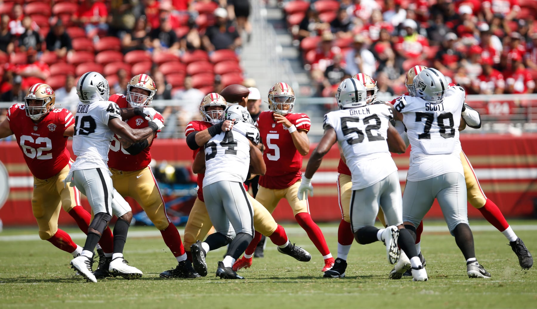 SANTA CLARA, CA - AUGUST 29: Trey Lance #5 of the San Francisco 49ers passes during the game against the Las Vegas Raiders at Levi's Stadium on August 29, 2021 in Santa Clara, California. The 49ers defeated the Raiders 34-10. (Photo by Michael Zagaris/San Francisco 49ers/Getty Images)