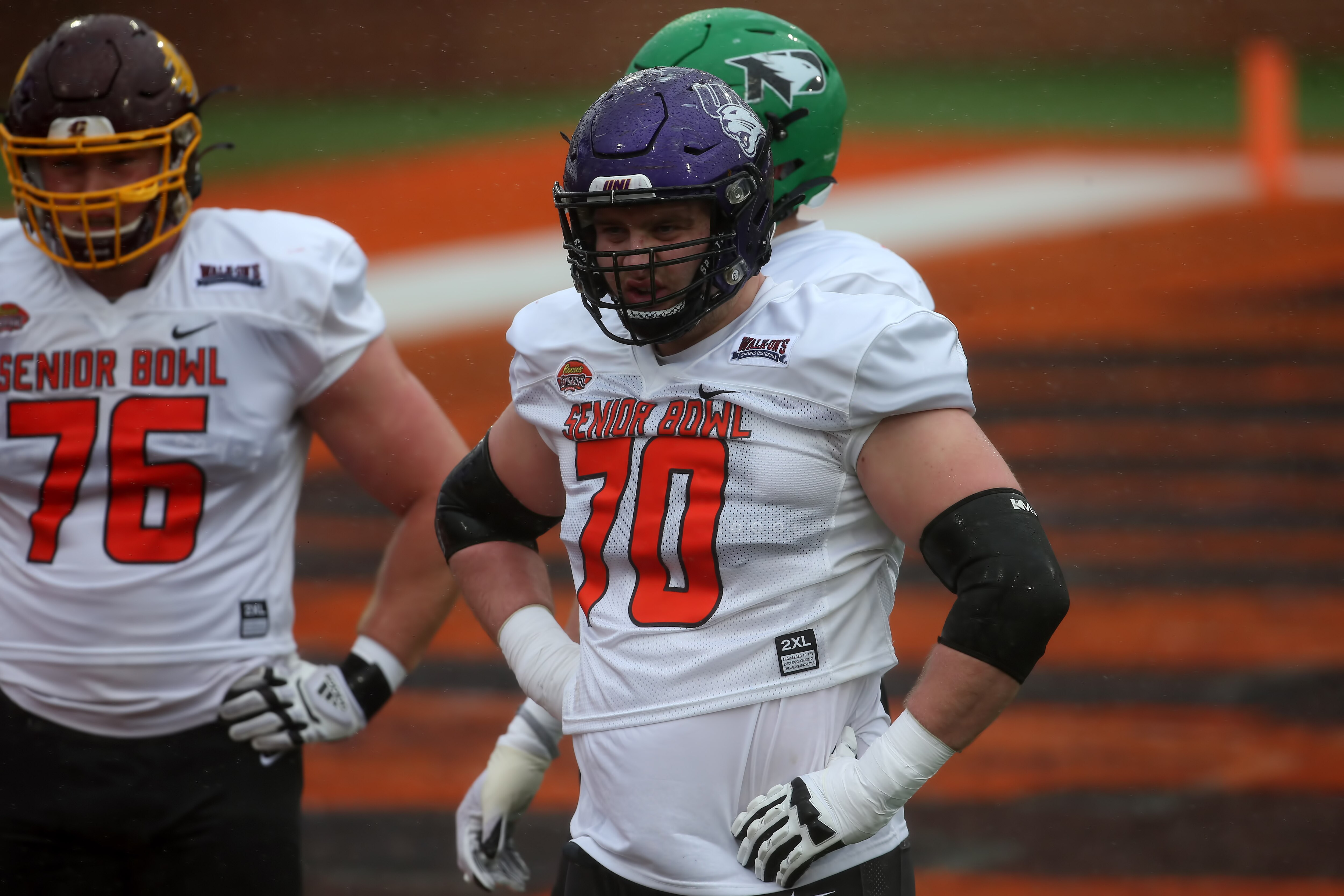 MOBILE, AL - FEBRUARY 02: National offensive lineman Trevor Penning of Northern Iowa (70) during the Reese's Senior Bowl practice session on February 2, 2002 at Hancock Whitney Stadium in Mobile, Alabama.  (Photo by Michael Wade/Icon Sportswire via Getty Images)