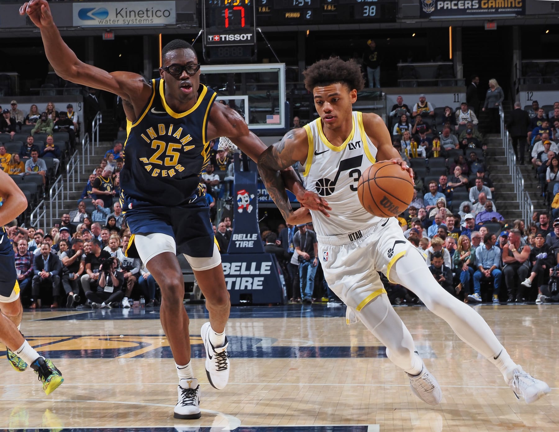 INDIANAPOLIS, IN - NOVEMBER 8: Keyonte George #3 of the Utah Jazz drives to the basket during the game against the Indiana Pacers on November 8, 2023 at Gainbridge Fieldhouse in Indianapolis, Indiana. NOTE TO USER: User expressly acknowledges and agrees that, by downloading and or using this Photograph, user is consenting to the terms and conditions of the Getty Images License Agreement. Mandatory Copyright Notice: Copyright 2023 NBAE (Photo by Ron Hoskins/NBAE via Getty Images)