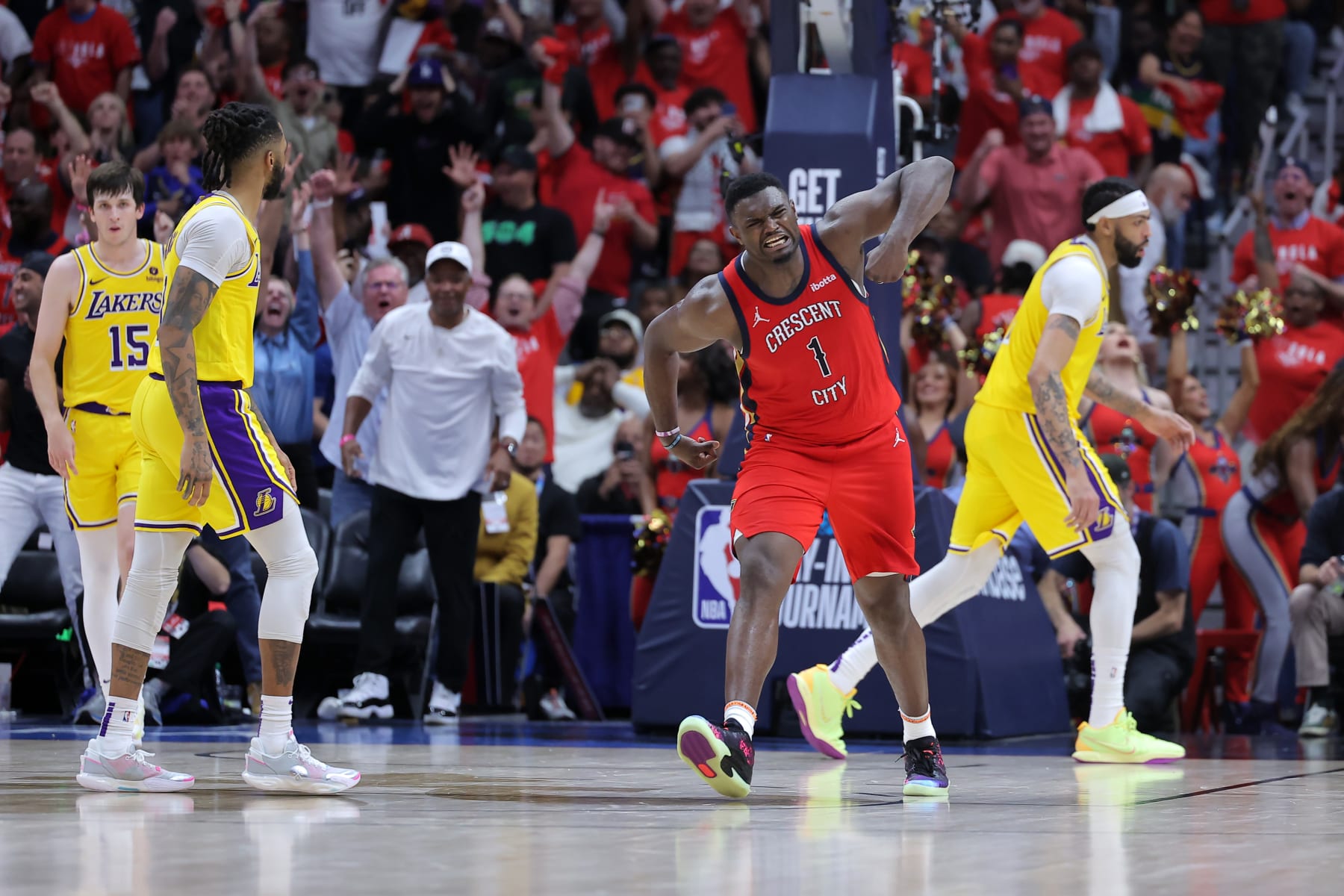NEW ORLEANS, LOUISIANA - APRIL 16: Zion Williamson #1 of the New Orleans Pelicans reacts against the Los Angeles Lakers during a play-in tournament game at the Smoothie King Center on April 16, 2024 in New Orleans, Louisiana. NOTE TO USER: User expressly acknowledges and agrees that, by downloading and or using this Photograph, user is consenting to the terms and conditions of the Getty Images License Agreement. (Photo by Jonathan Bachman/Getty Images)