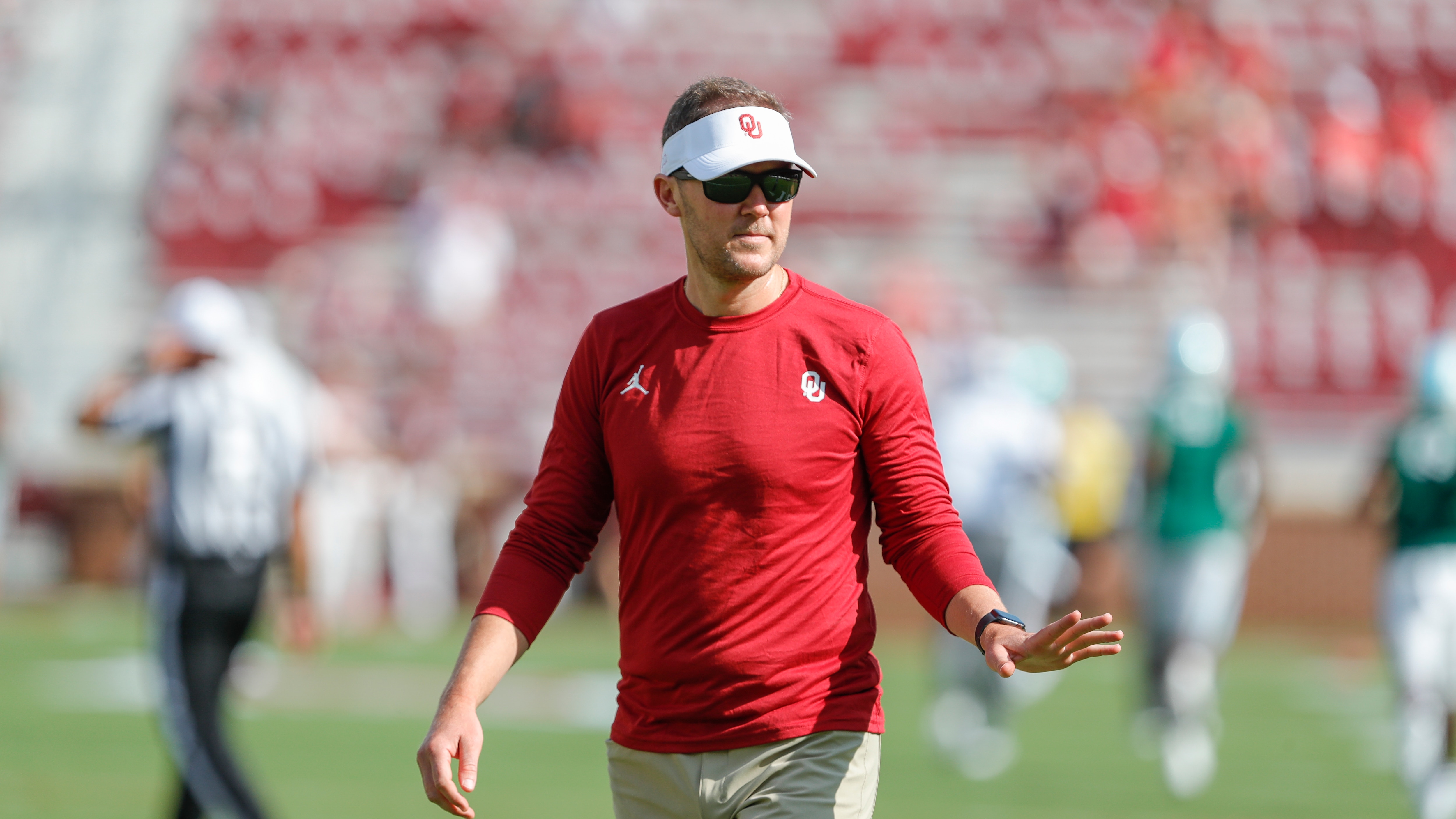 Oklahoma head coach Lincoln Riley before the start of a game against Tulane during an NCAA football game on Saturday, Sept. 4, 2021, in Norman, Oklahoma. (AP Photo/Alonzo Adams)