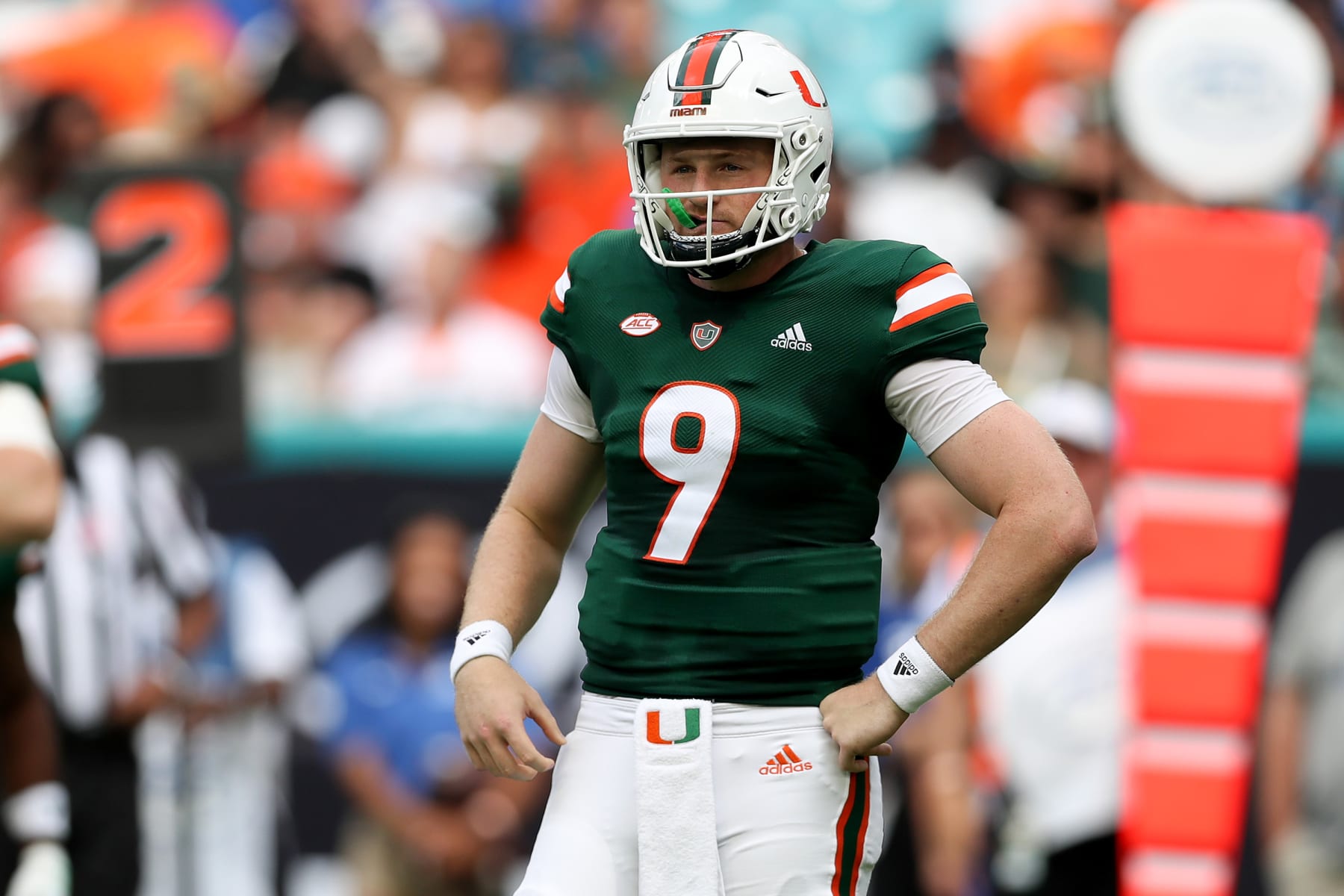 MIAMI GARDENS, FLORIDA - OCTOBER 22: Tyler Van Dyke #9 of the Miami Hurricanes looks on during the second quarter against the Duke Blue Devils at Hard Rock Stadium on October 22, 2022 in Miami Gardens, Florida. (Photo by Megan Briggs/Getty Images)
