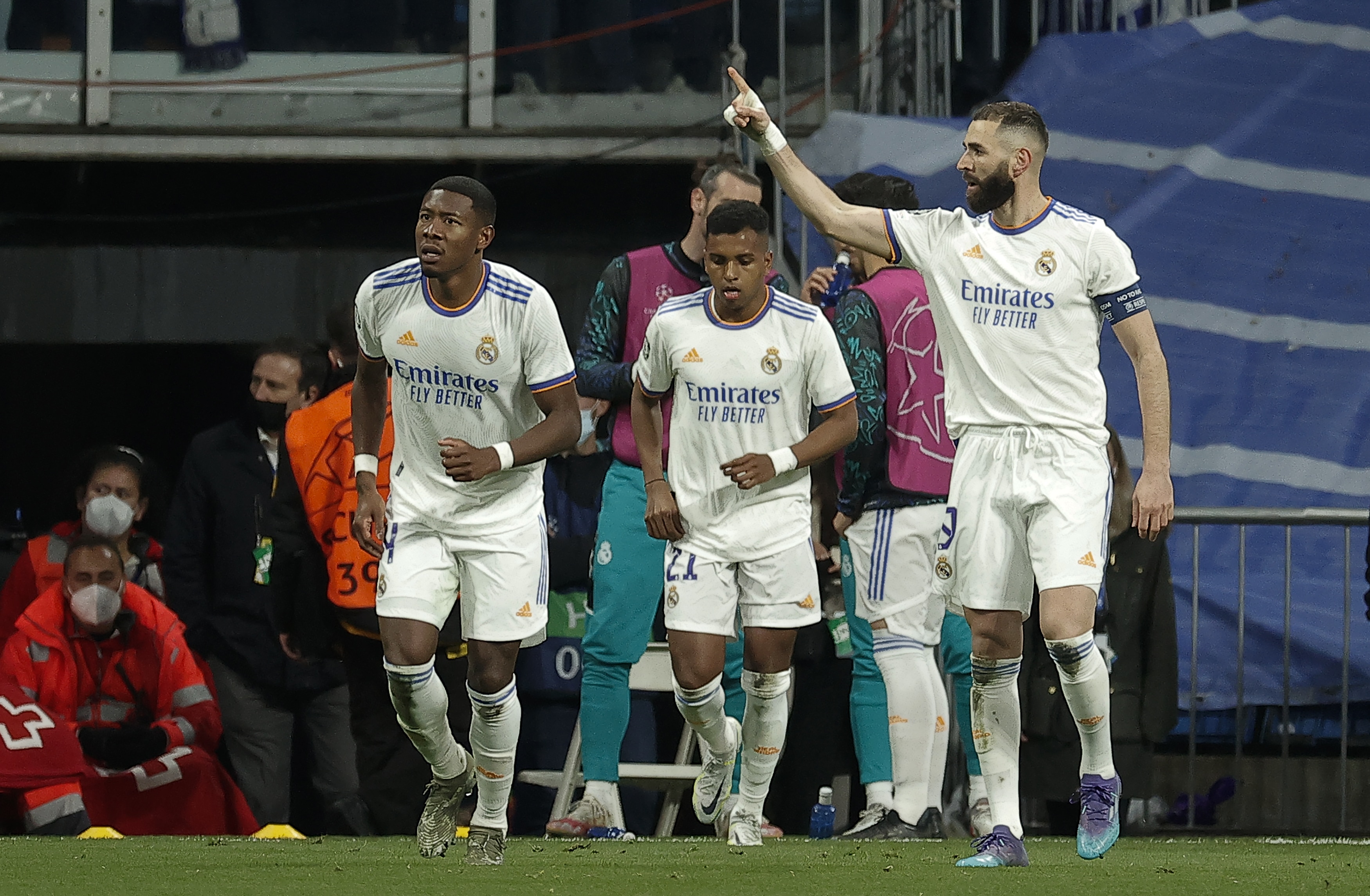 MADRID, SPAIN - APRIL 12: Karim Benzema of Real Madrid celebrates after scoring a goal during the UEFA Champions League quarter final second leg soccer match between Real Madrid and Chelsea at Santiago Bernabeu Stadium, in Madrid, Spain, 12 April 2022. (Photo by Burak Akbulut/Anadolu Agency via Getty Images)