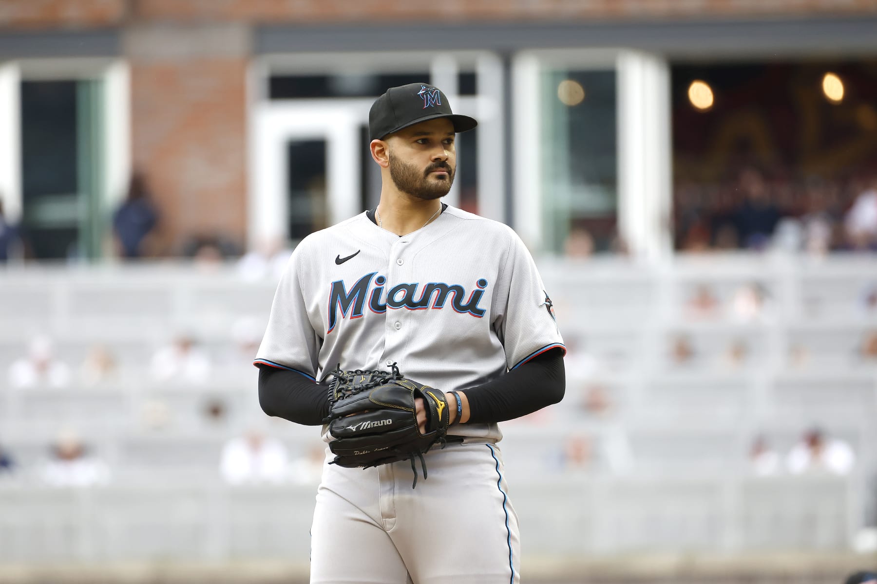 ATLANTA, GA - SEPTEMBER 04:Miami Marlins starting pitcher Pablo Lopez (49) stares down a batter during the Sunday afternoon MLB game between the Miami Marlins and the Atlanta Braves on September 4, 2022 at Truist Park in Atlanta, Georgia.  (Photo by David J. Griffin/Icon Sportswire via Getty Images)