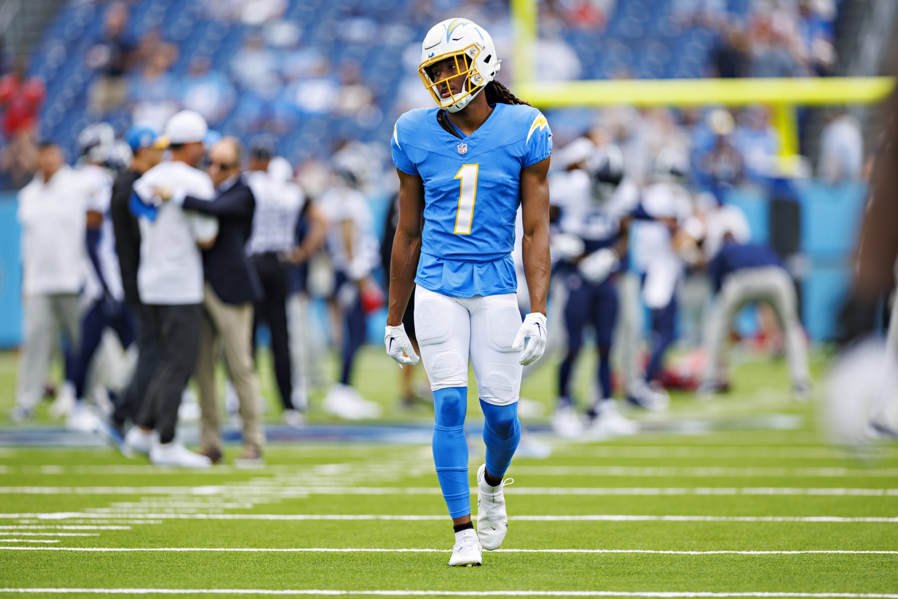 NASHVILLE, TENNESSEE - SEPTEMBER 17:  Quentin Johnston #1 of the Los Angeles Chargers warms up before the game against the Tennessee Titans at Nissan Stadium on September 17, 2023 in Nashville, Tennessee.  The Titans defeated the Chargers 27-24.  (Photo by Wesley Hitt/Getty Images)
