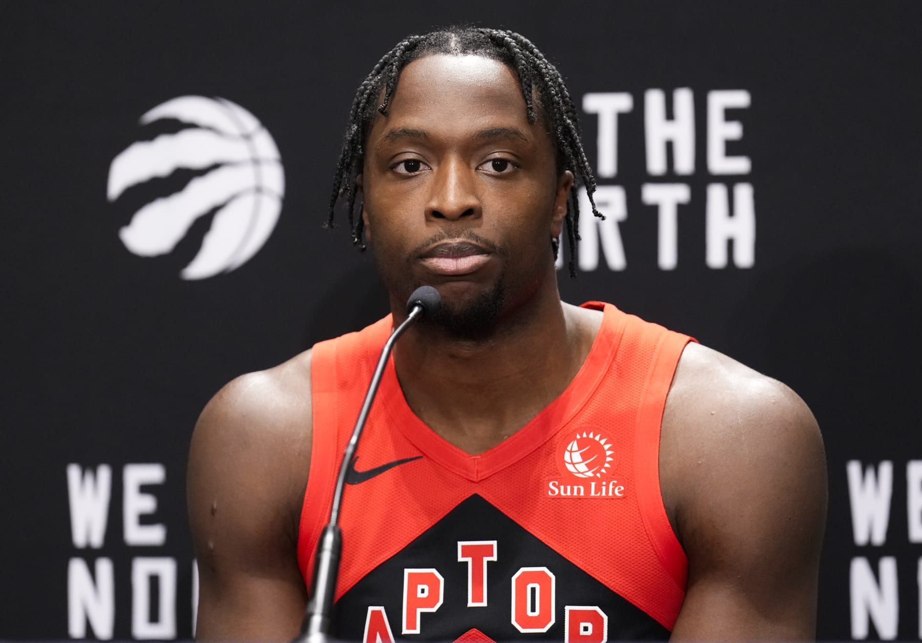 TORONTO, ON - OCTOBER 2: O.G. Anunoby #3 of the Toronto Raptors speaks during media day on October 2, 2023 in Toronto, Ontario, Canada. NOTE TO USER: User expressly acknowledges and agrees that, by downloading and or using this photograph, User is consenting to the terms and conditions of the Getty Images License Agreement. (Photo by Mark Blinch/Getty Images)
