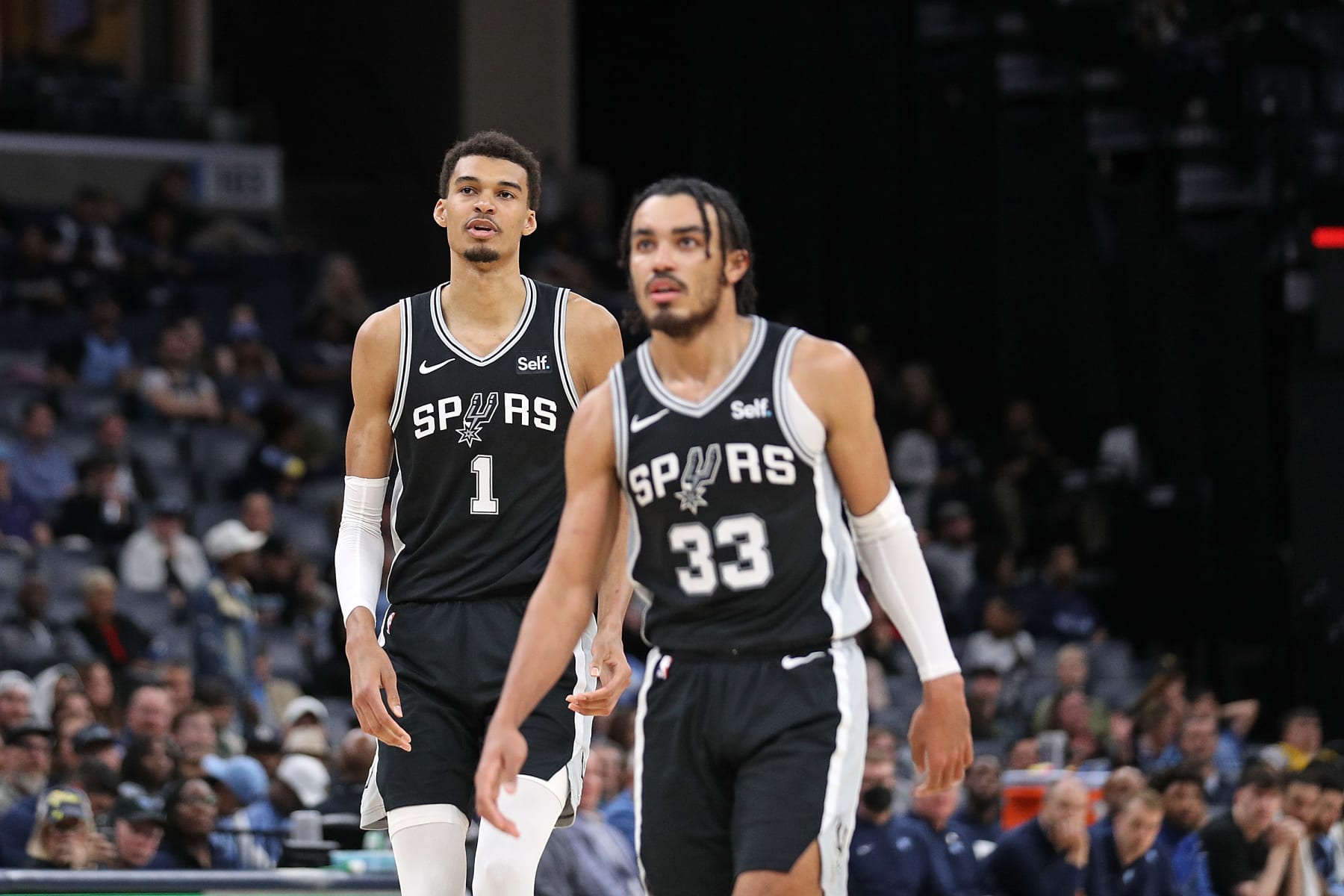 MEMPHIS, TENNESSEE - APRIL 09: Victor Wembanyama #1 of the San Antonio Spurs looks on during the game against the Memphis Grizzlies at FedExForum on April 09, 2024 in Memphis, Tennessee. NOTE TO USER: User expressly acknowledges and agrees that, by downloading and or using this photograph, User is consenting to the terms and conditions of the Getty Images License Agreement. (Photo by Justin Ford/Getty Images)