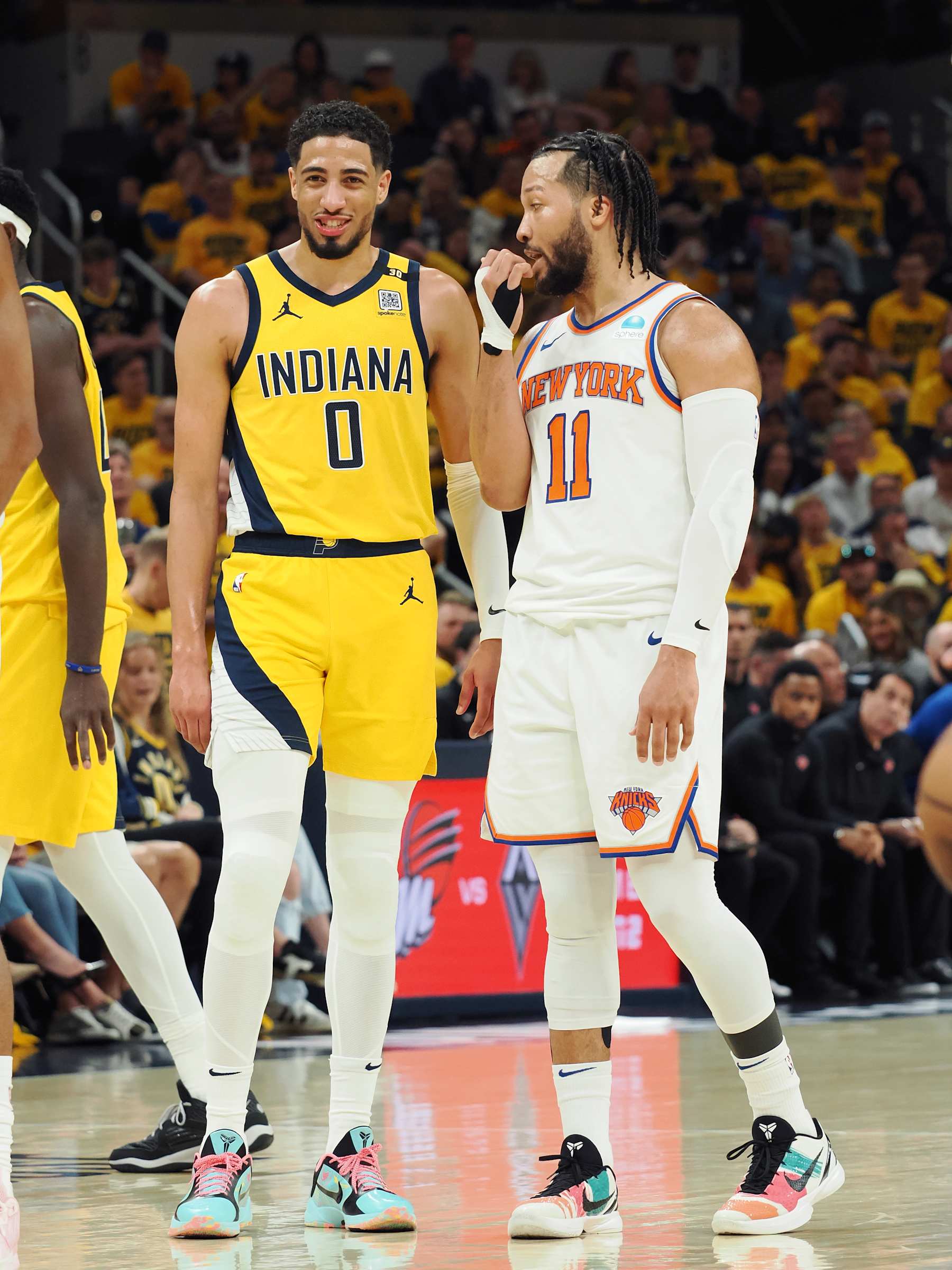 INDIANAPOLIS, IN - MAY 10: Jalen Brunson #11 of the New York Knicks talks with Tyrese Haliburton #0 of the Indiana Pacers during the game during Round 2 Game 3 of the 2024 NBA Playoffs on May 10, 2024 at Gainbridge Fieldhouse in Indianapolis, Indiana. NOTE TO USER: User expressly acknowledges and agrees that, by downloading and or using this Photograph, user is consenting to the terms and conditions of the Getty Images License Agreement. Mandatory Copyright Notice: Copyright 2024 NBAE (Photo by Ron Hoskins/NBAE via Getty Images)