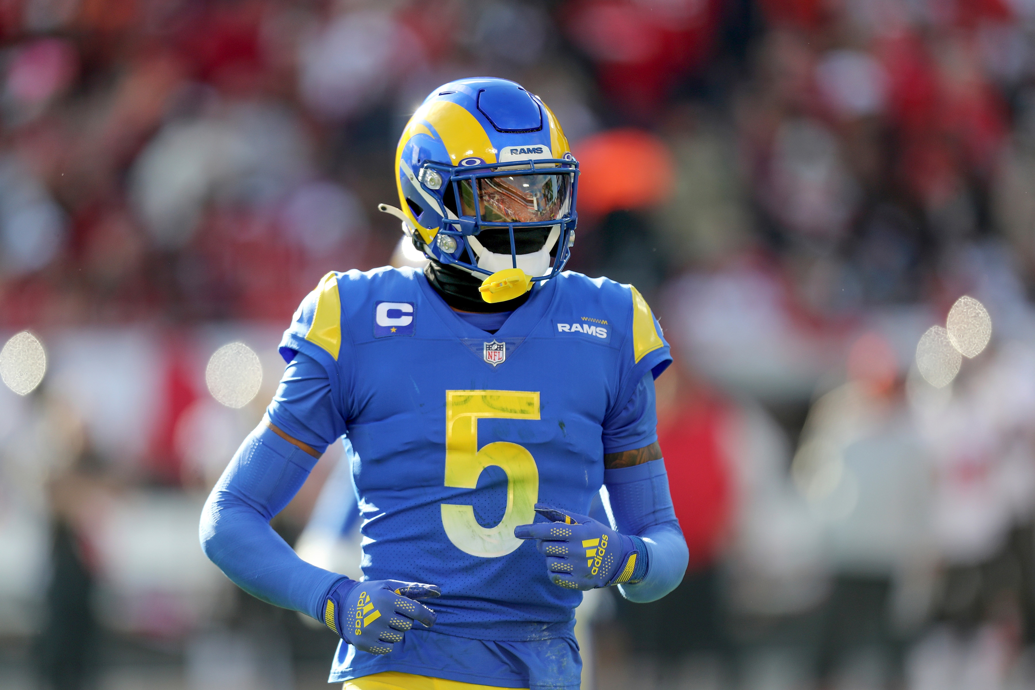 Los Angeles Rams cornerback Jalen Ramsey (5) lines up during a NFL divisional playoff football game between the Los Angeles Rams and Tampa Bay Buccaneers, Sunday, January 23, 2022 in Tampa, Fla. (AP Photo/Alex Menendez)