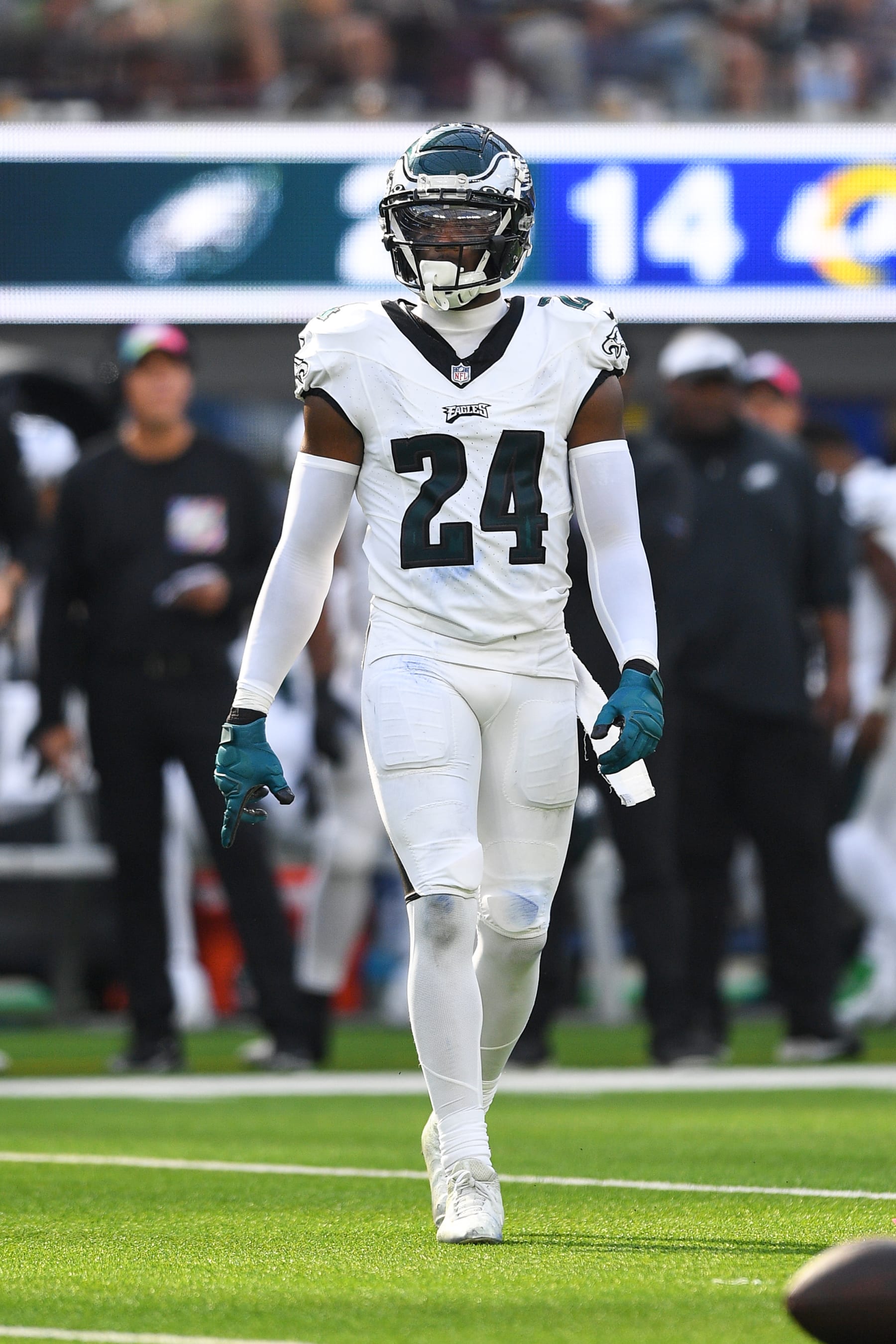 INGLEWOOD, CA - OCTOBER 08: Philadelphia Eagles cornerback James Bradberry (24) looks on during the NFL game between the Philadelphia Eagles and the Los Angeles Rams on October 8, 2023, at SoFi Stadium in Inglewood, CA. (Photo by Brian Rothmuller/Icon Sportswire via Getty Images)