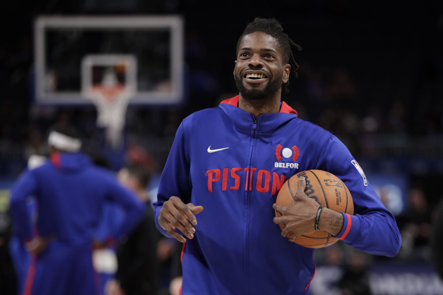 DETROIT, MI - DECEMBER 1: Nerlens Noel #3 of the Detroit Pistons looks on prior to the game against the Dallas Mavericks on December 1, 2022 at Little Caesars Arena in Detroit, Michigan. NOTE TO USER: User expressly acknowledges and agrees that, by downloading and/or using this photograph, User is consenting to the terms and conditions of the Getty Images License Agreement. Mandatory Copyright Notice: Copyright 2022 NBAE (Photo by Brian Sevald/NBAE via Getty Images)