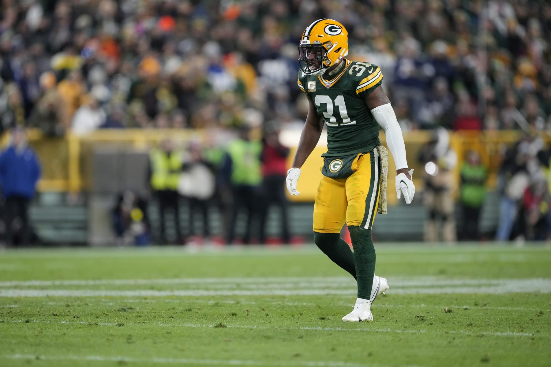 GREEN BAY, WISCONSIN - NOVEMBER 13: Adrian Amos #31 of the Green Bay Packers in action against the Dallas Cowboys during the second half at Lambeau Field on November 13, 2022 in Green Bay, Wisconsin. (Photo by Patrick McDermott/Getty Images)