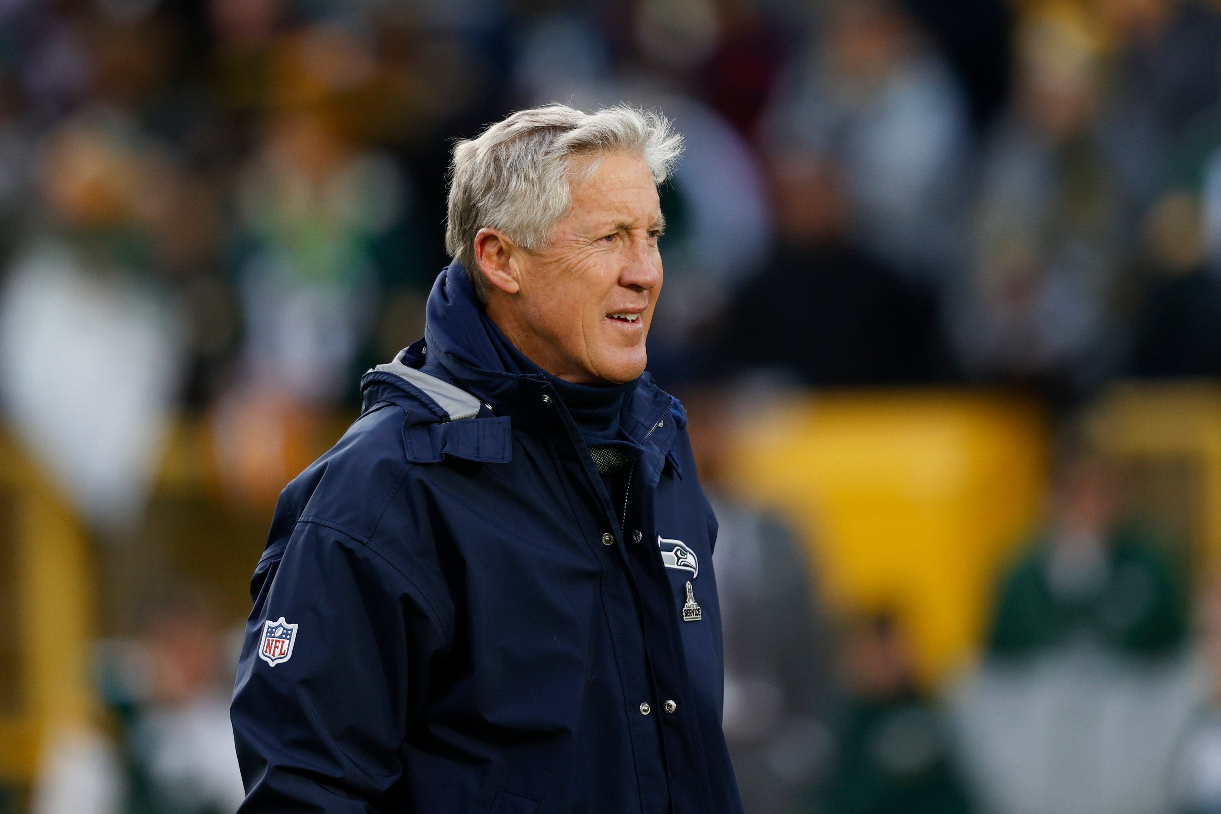 Seattle Seahawks Head coach Pete Carroll before an NFL football game against the Green Bay Packers Sunday, Nov 14. 2021, in Green Bay, Wis. (AP Photo/Jeffrey Phelps)