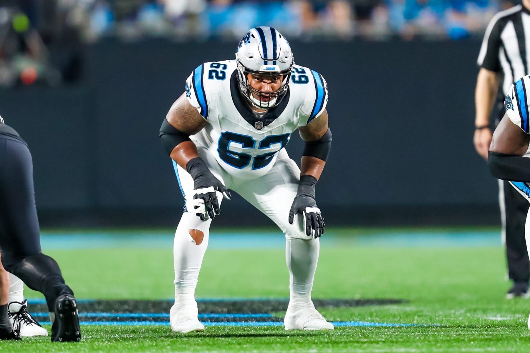 CHARLOTTE, NC - SEPTEMBER 18: Chandler Zavala #62 of the Carolina Panthers awaits the snap during a football game against the New Orleans Saints at Bank of America Stadium in Charlotte, North Carolina on Sep 18, 2023.  (Photo by David Jensen/Icon Sportswire via Getty Images)
