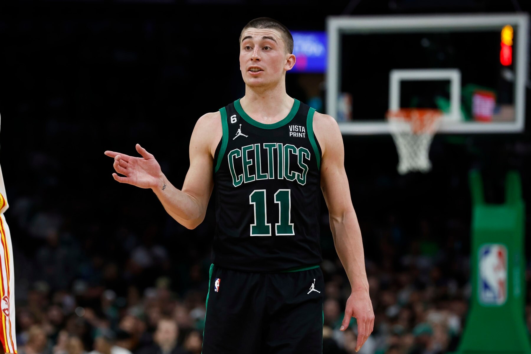 BOSTON, MA - APRIL 9: Payton Pritchard #11 of the Boston Celtics during the second half against the Atlanta Hawks at TD Garden on April 9, 2023 in Boston, Massachusetts. NOTE TO USER: User expressly acknowledges and agrees that, by downloading and/or using this Photograph, user is consenting to the terms and conditions of the Getty Images License Agreement. (Photo By Winslow Townson/Getty Images)