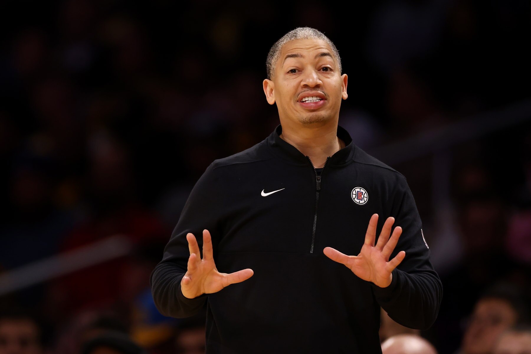 LOS ANGELES, CALIFORNIA - NOVEMBER 01: Head coach Tyronn Lue of the Los Angeles Clippers reacts to a play during the second quarter against the Los Angeles Lakers of the Los Angeles Clippers at Crypto.com Arena on November 01, 2023 in Los Angeles, California. NOTE TO USER: User expressly acknowledges and agrees that, by downloading and or using this photograph, User is consenting to the terms and conditions of the Getty Images License Agreement. (Photo by Katelyn Mulcahy/Getty Images)