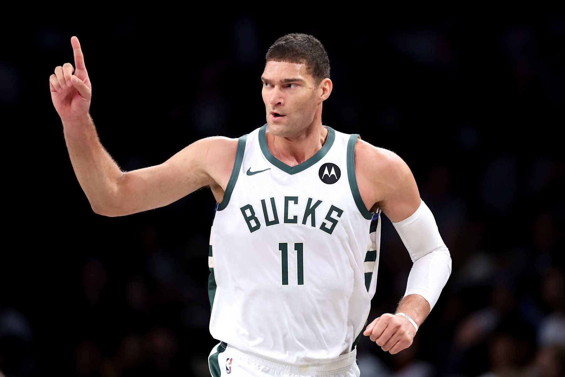 NEW YORK, NEW YORK - OCTOBER 27: Brook Lopez #11 of the Milwaukee Bucks reacts against the Brooklyn Nets during the second half at Barclays Center on October 27, 2024 in the Brooklyn borough of New York City. (Photo by Luke Hales/Getty Images)