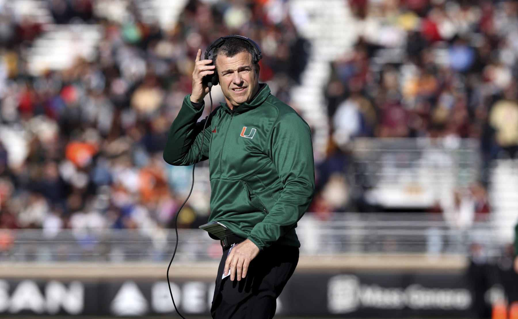 Miami football head coach Mario Cristobal during an NCAA college football game against Boston College, Friday, Nov. 24, 2023 in Boston. (AP Photo/Mark Stockwell)
