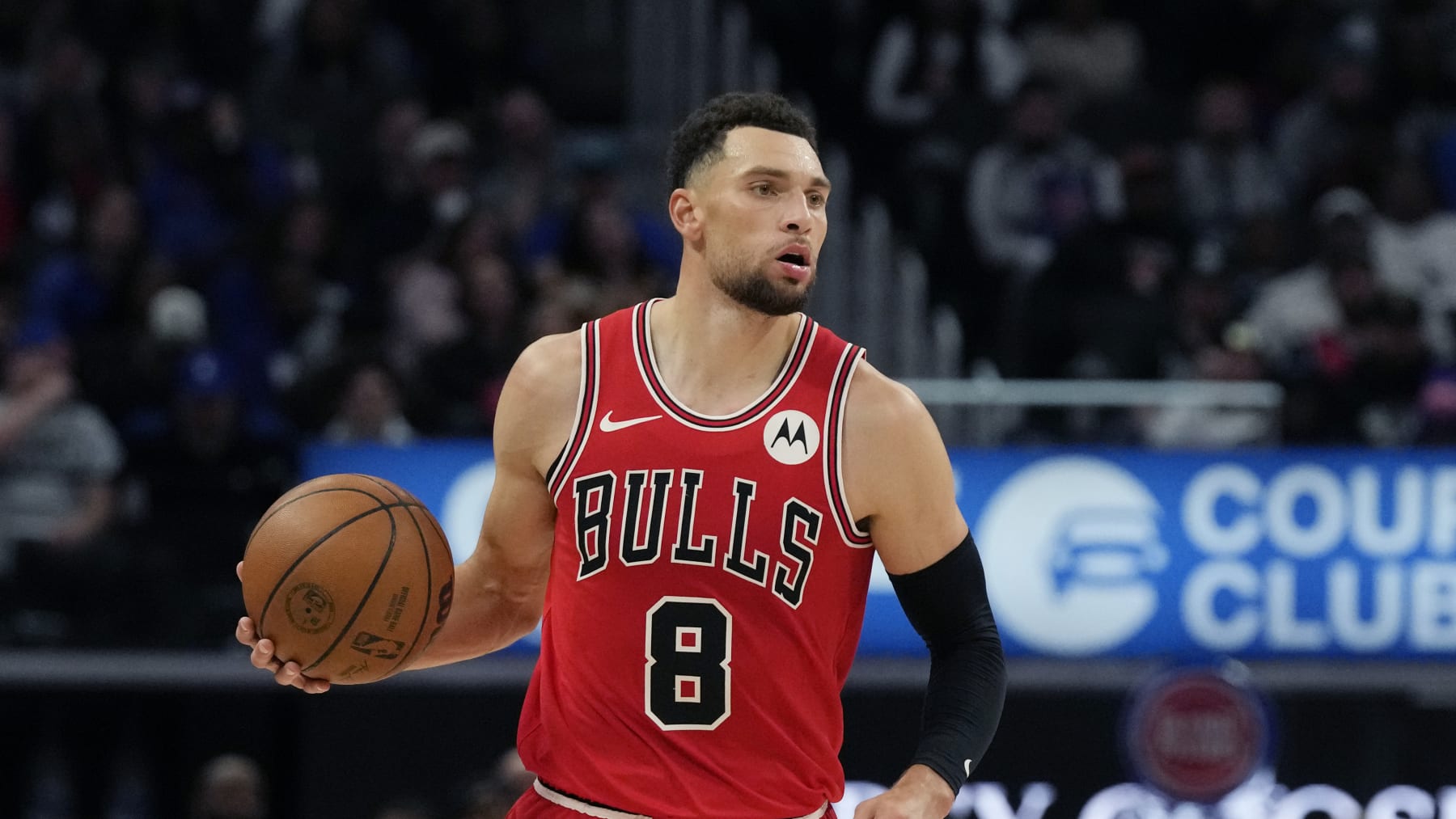 Chicago Bulls guard Zach LaVine plays during the second half of an NBA basketball game, Saturday, Oct. 28, 2023, in Detroit. (AP Photo/Carlos Osorio)