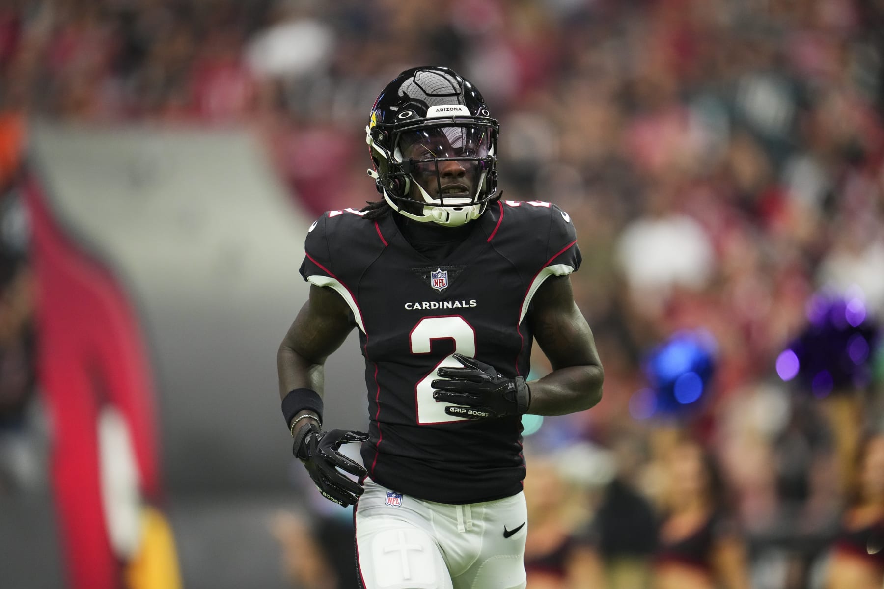 GLENDALE, AZ - OCTOBER 09: Marquise Brown #2 of the Arizona Cardinals runs out during introductions against the Philadelphia Eagles at State Farm Stadium on October 9, 2022 in Glendale, Arizona. (Photo by Cooper Neill/Getty Images)