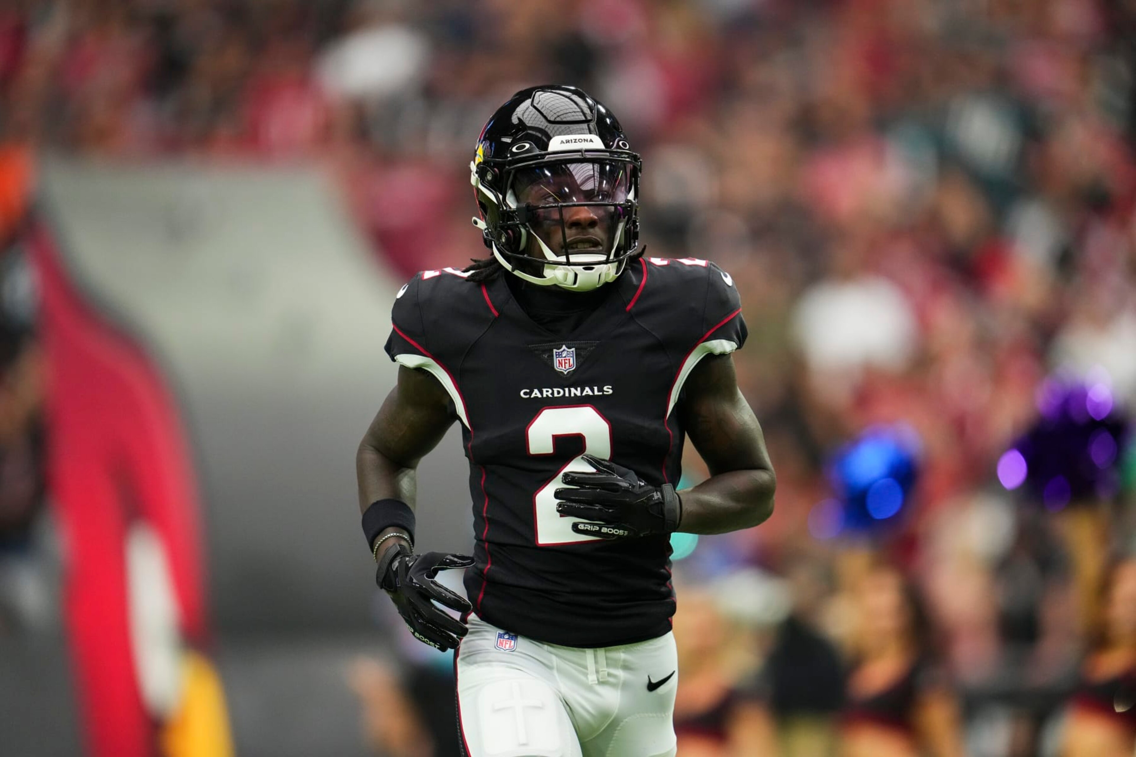 GLENDALE, AZ - OCTOBER 09: Marquise Brown #2 of the Arizona Cardinals runs out during introductions against the Philadelphia Eagles at State Farm Stadium on October 9, 2022 in Glendale, Arizona. (Photo by Cooper Neill/Getty Images)