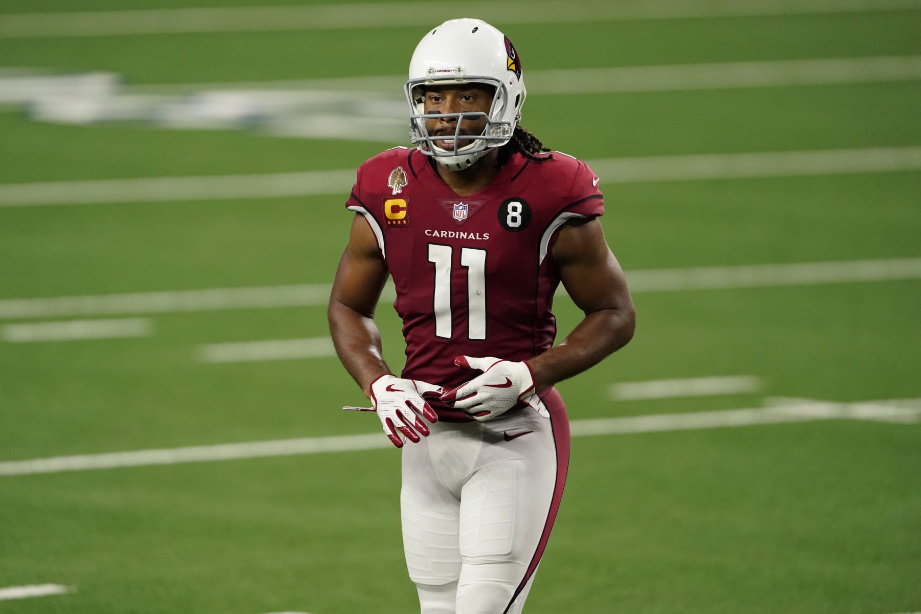 ARLINGTON, TEXAS - OCTOBER 19: Larry Fitzgerald #11 of the Arizona Cardinals approaches the line of scrimmage during an NFL game against the Dallas Cowboys on October 19, 2020 in Arlington, Texas. (Photo by Cooper Neill/Getty Images)