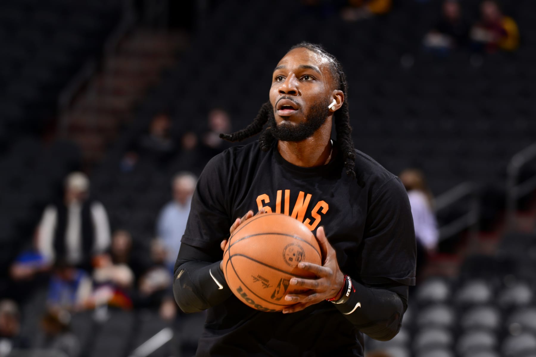 PHOENIX, AZ - JANUARY 8: Jae Crowder #99 of the Phoenix Suns looks on prior to the game against the Miami Heat on January 8, 2022 at Footprint Center in Phoenix, Arizona. NOTE TO USER: User expressly acknowledges and agrees that, by downloading and or using this photograph, user is consenting to the terms and conditions of the Getty Images License Agreement. Mandatory Copyright Notice: Copyright 2022 NBAE (Photo by Barry Gossage/NBAE via Getty Images)