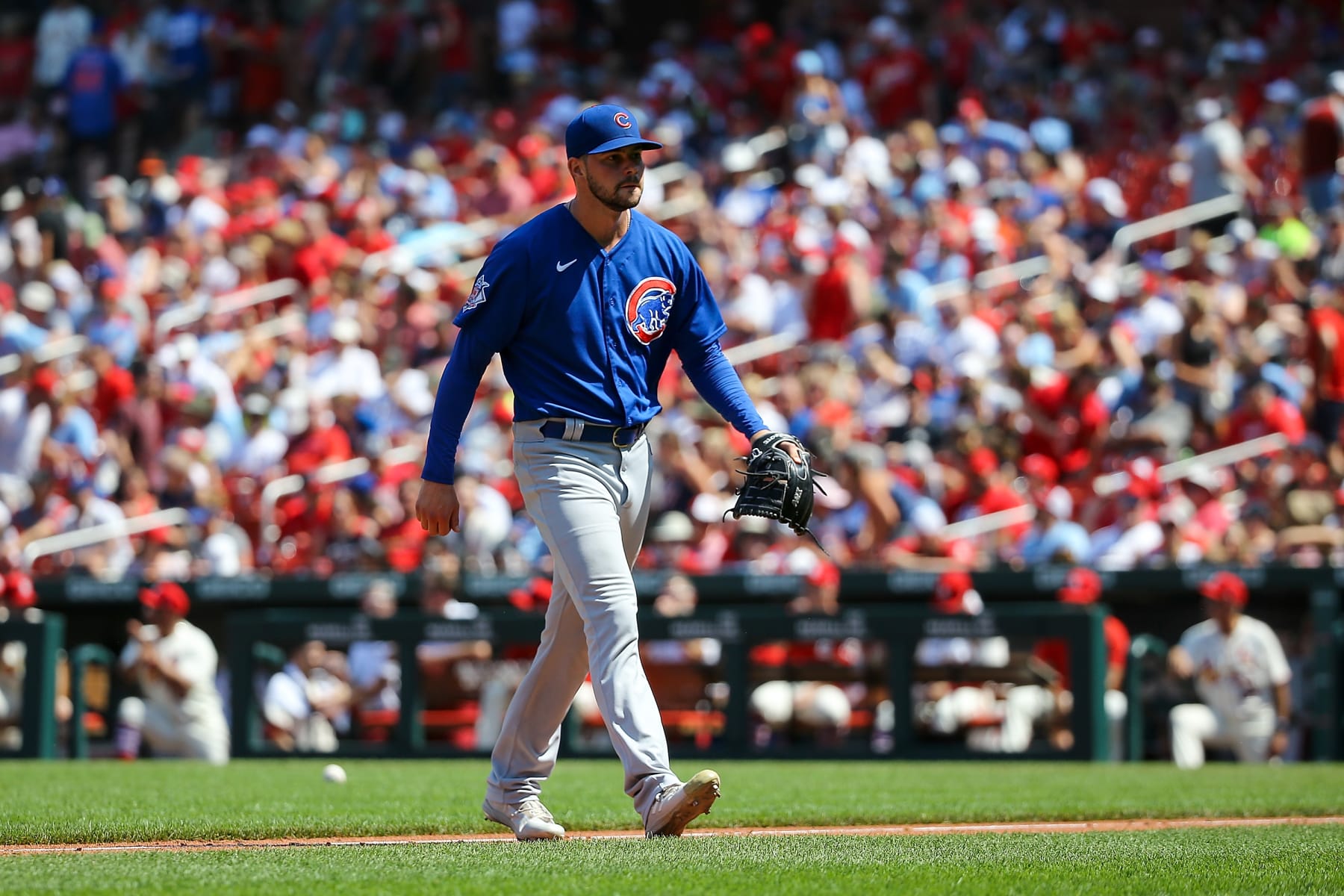 ST. LOUIS, MO - JUNE 25: Scott Effross #57 of the Chicago Cubs walks to the dugout after pitching the sixth inning against the St. Louis Cardinals at Busch Stadium on June 25, 2022 in St. Louis, Missouri. (Photo by Scott Kane/Getty Images)