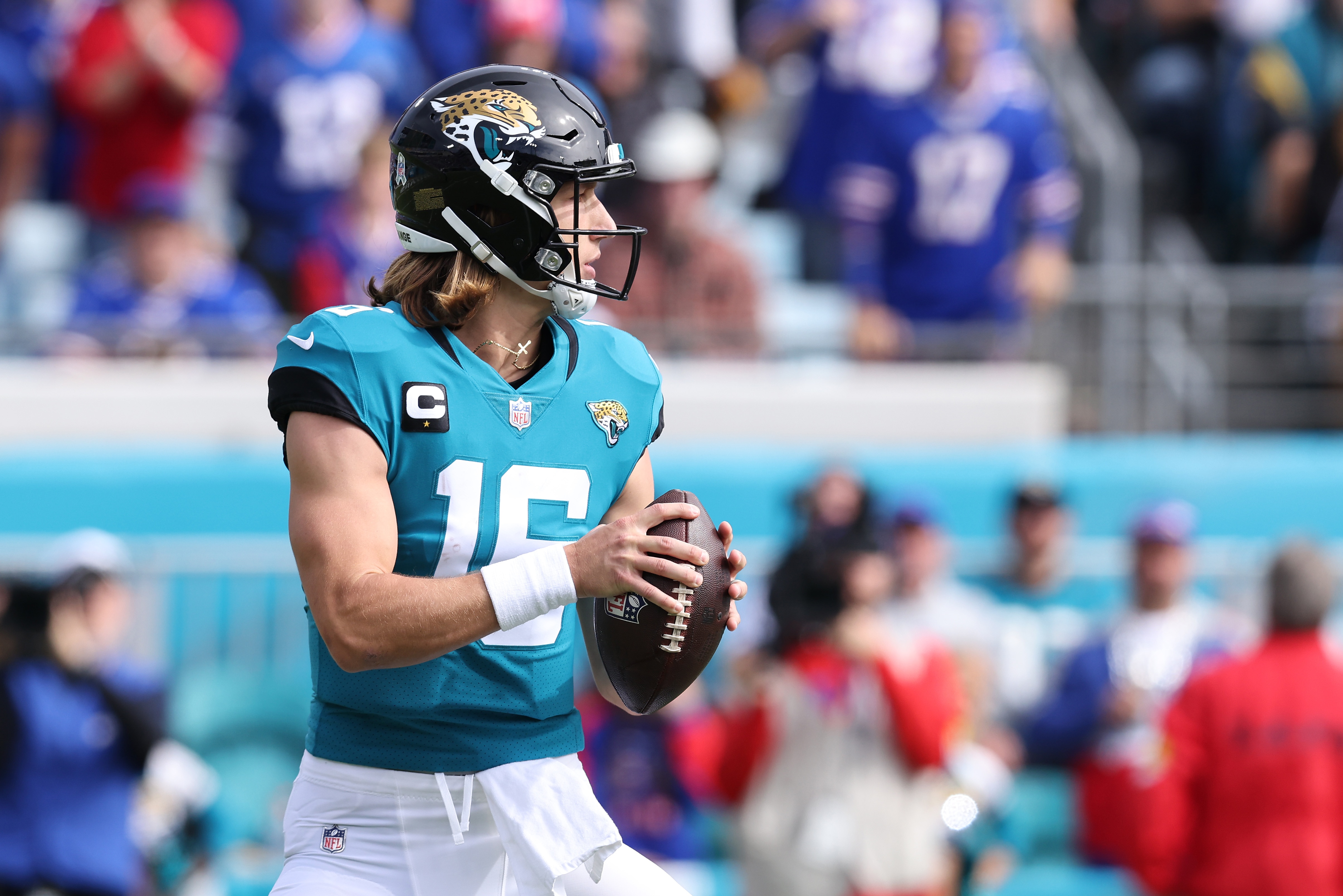 JACKSONVILLE, FLORIDA - NOVEMBER 07: Trevor Lawrence #16 of the Jacksonville Jaguars throws a pass during the first quarter in the game against the Buffalo Bills at TIAA Bank Field on November 07, 2021 in Jacksonville, Florida. (Photo by Sam Greenwood/Getty Images)