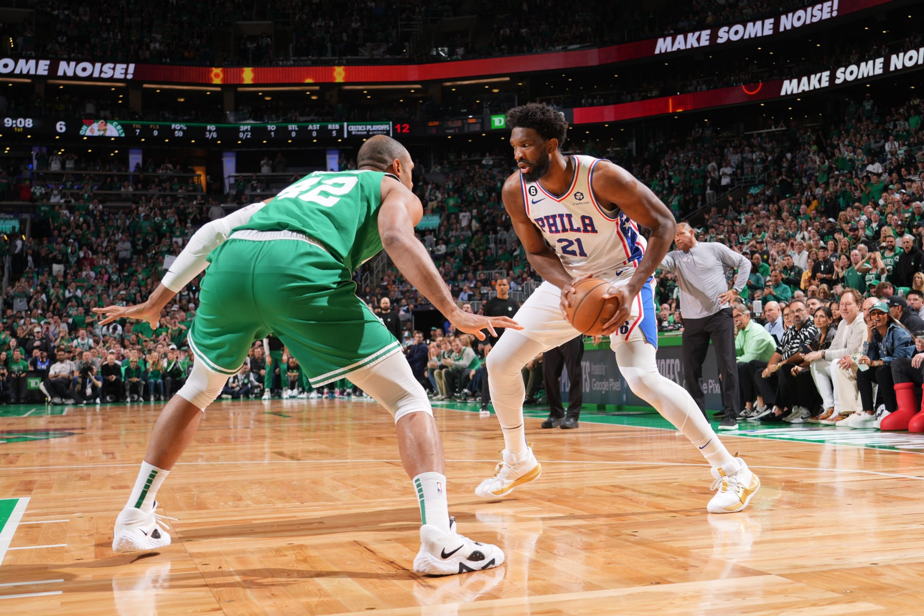BOSTON, MA - MAY 14: Joel Embiid #21 of the Philadelphia 76ers handles the ball during Game Seven of the Eastern Conference Semi-Finals of the 2023 NBA Playoffs against the Boston Celtics on May 14, 2023 at the TD Garden in Boston, Massachusetts. NOTE TO USER: User expressly acknowledges and agrees that, by downloading and or using this photograph, User is consenting to the terms and conditions of the Getty Images License Agreement. Mandatory Copyright Notice: Copyright 2023 NBAE  (Photo by Jesse D. Garrabrant/NBAE via Getty Images)