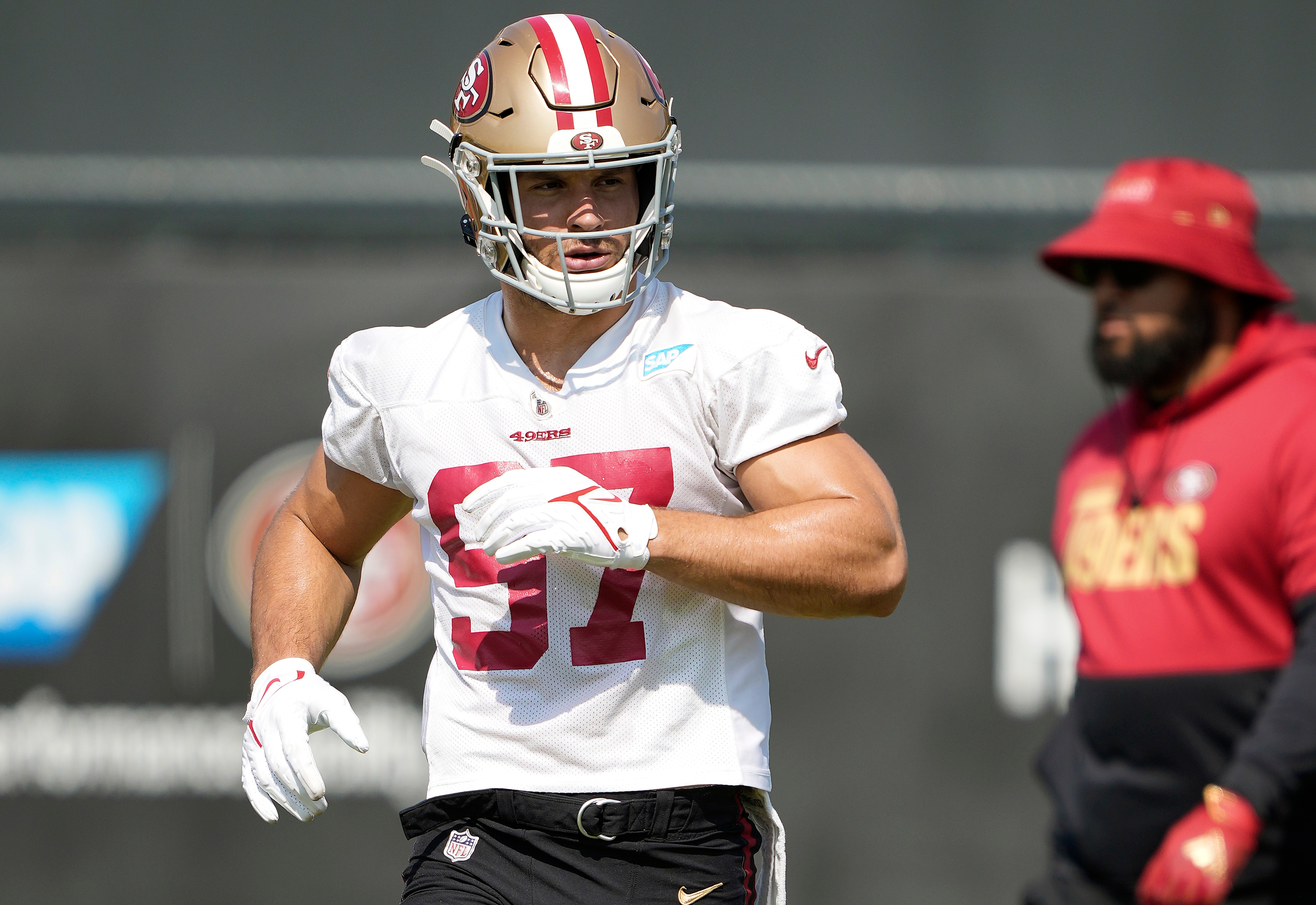 SANTA CLARA, CALIFORNIA - JULY 31: Nick Bosa #97 of the San Francisco 49ers works out during training camp at SAP Performance Facility on July 31, 2021 in Santa Clara, California. (Photo by Thearon W. Henderson/Getty Images)
