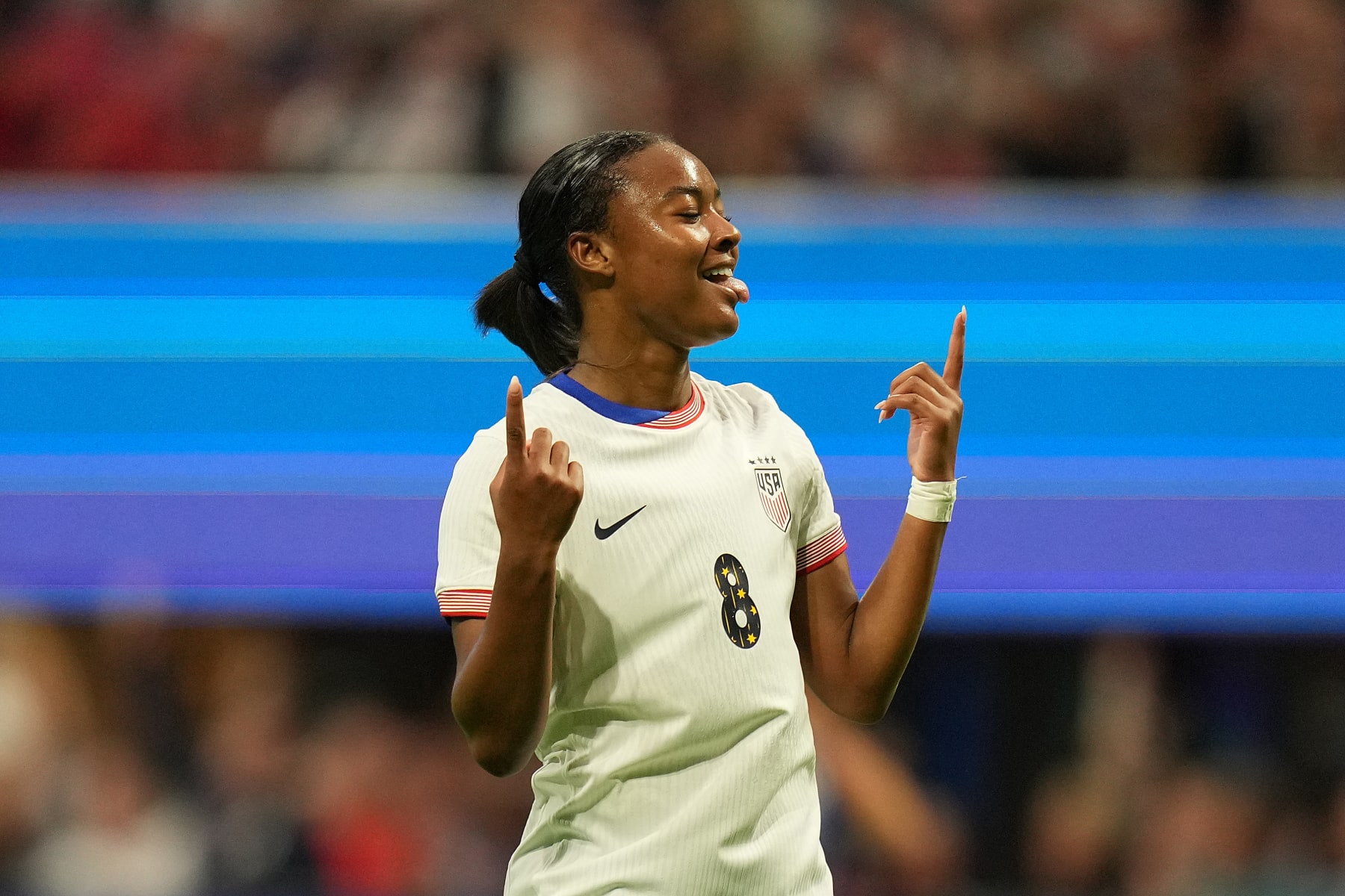 ATLANTA, GEORGIA - APRIL 06: Jaedyn Shaw #8 of the United States celebrates scoring during the first half against Japan in the 2024 SheBelieves Cup at Mercedes-Benz Stadium on April 06, 2024 in Atlanta, Georgia. (Photo by Brad Smith/ISI Photos/USSF/Getty Images for USSF)