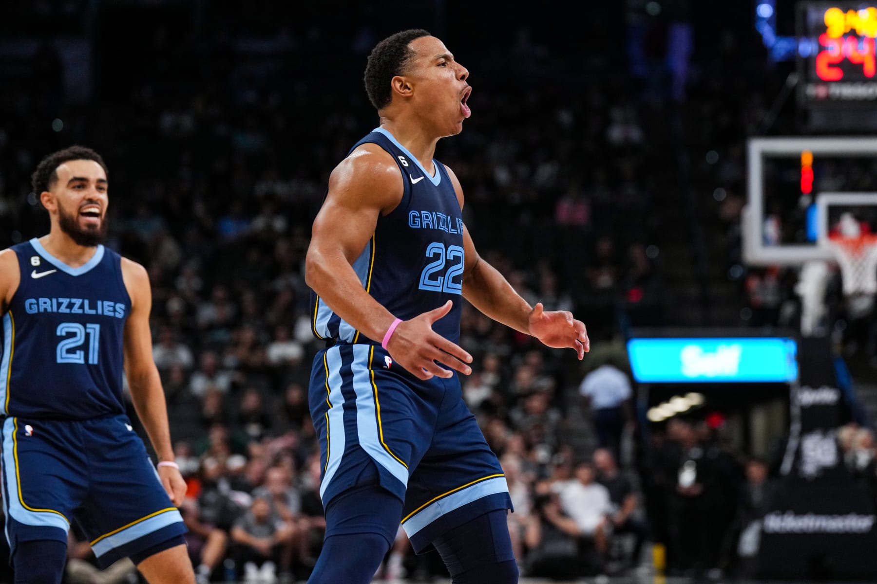 SAN ANTONIO, TX - NOVEMBER 9: Desmond Bane #22 of the Memphis Grizzlies celebrates against the San Antonio Spurs on November 9, 2022 at the AT&T Center in San Antonio, Texas. NOTE TO USER: User expressly acknowledges and agrees that, by downloading and or using this photograph, user is consenting to the terms and conditions of the Getty Images License Agreement. Mandatory Copyright Notice: Copyright 2022 NBAE (Photos by Cooper Neill/NBAE via Getty Images)